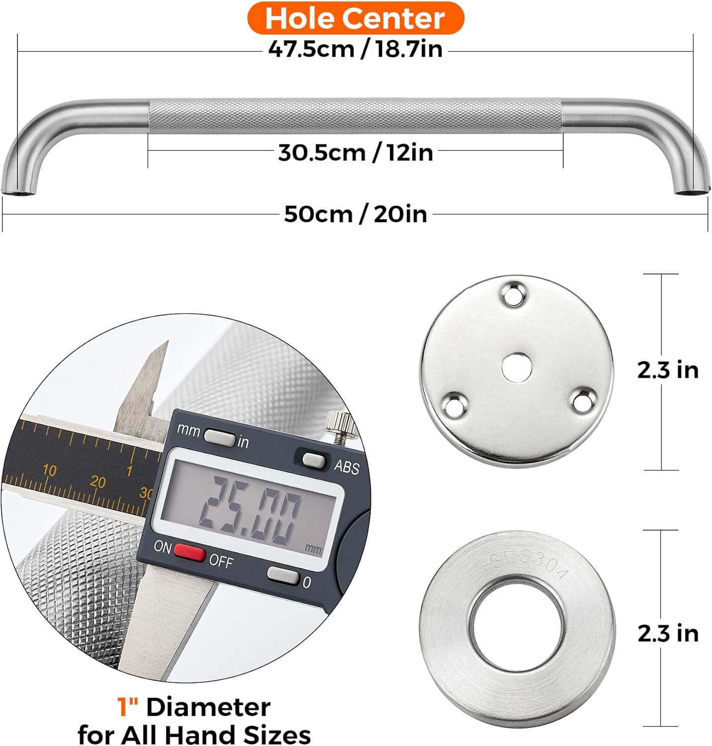 Grab Bars for Shower, 2 Pack 20-Inch Anti Slip Shower Handles for Elderly, Stainless Steel Handicap Grab Bars for Bathroom, Toilet (Brushed Nickel, 1" Diameter)