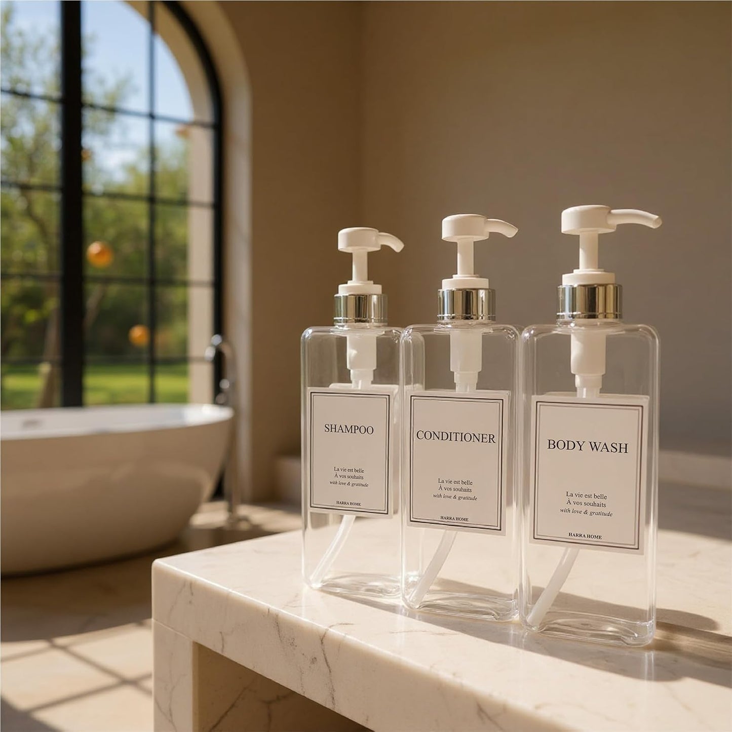 Modern Design Large 27 oz Shampoo and Conditioner Dispensers - Empty Plastic Refillable Pump Bottle Set for Bathroom Shower Soap Dispenser, Set of 3 (Clear & Silver)