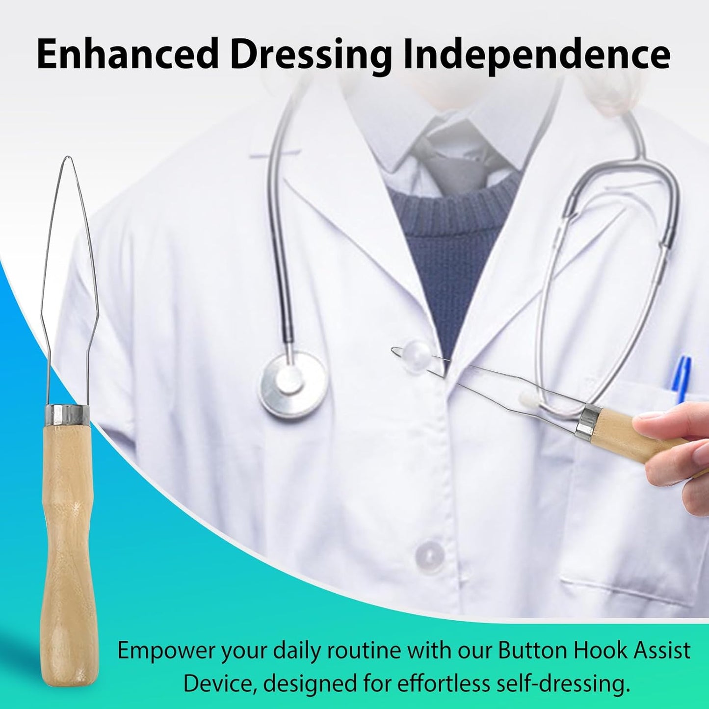 4pcs Button Hook Assist Device with Easy-Grip Wooden Handle for Shirts, Coats, Dresses - Ideal Button Aids for Arthritis & Limited Dexterity