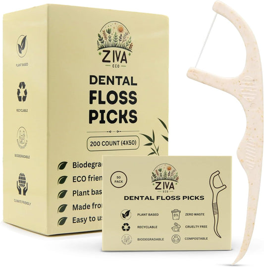 Biodegradable Dental Floss Picks for Teeth, 200 Count, Corn Straw Floss Picks, PFAS Free. Unflavored Flossers, Plant Based, Shred Resistant Floss for Adults & Kids
