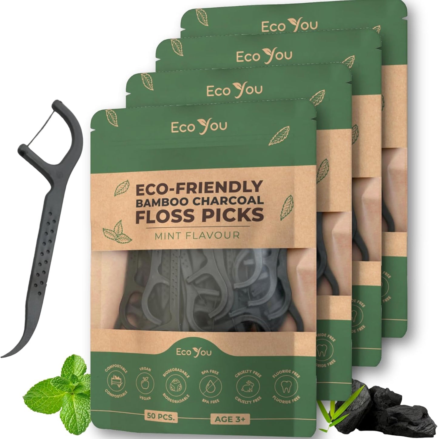 Biodegradable Floss Picks | 200 Count (4 Pack) | Mint Flavor, Candililla Wax | Sustainable & Reusable | Vegan & Cruelty-Free | Bamboo Floss Picks, Bamboo Toothpicks
