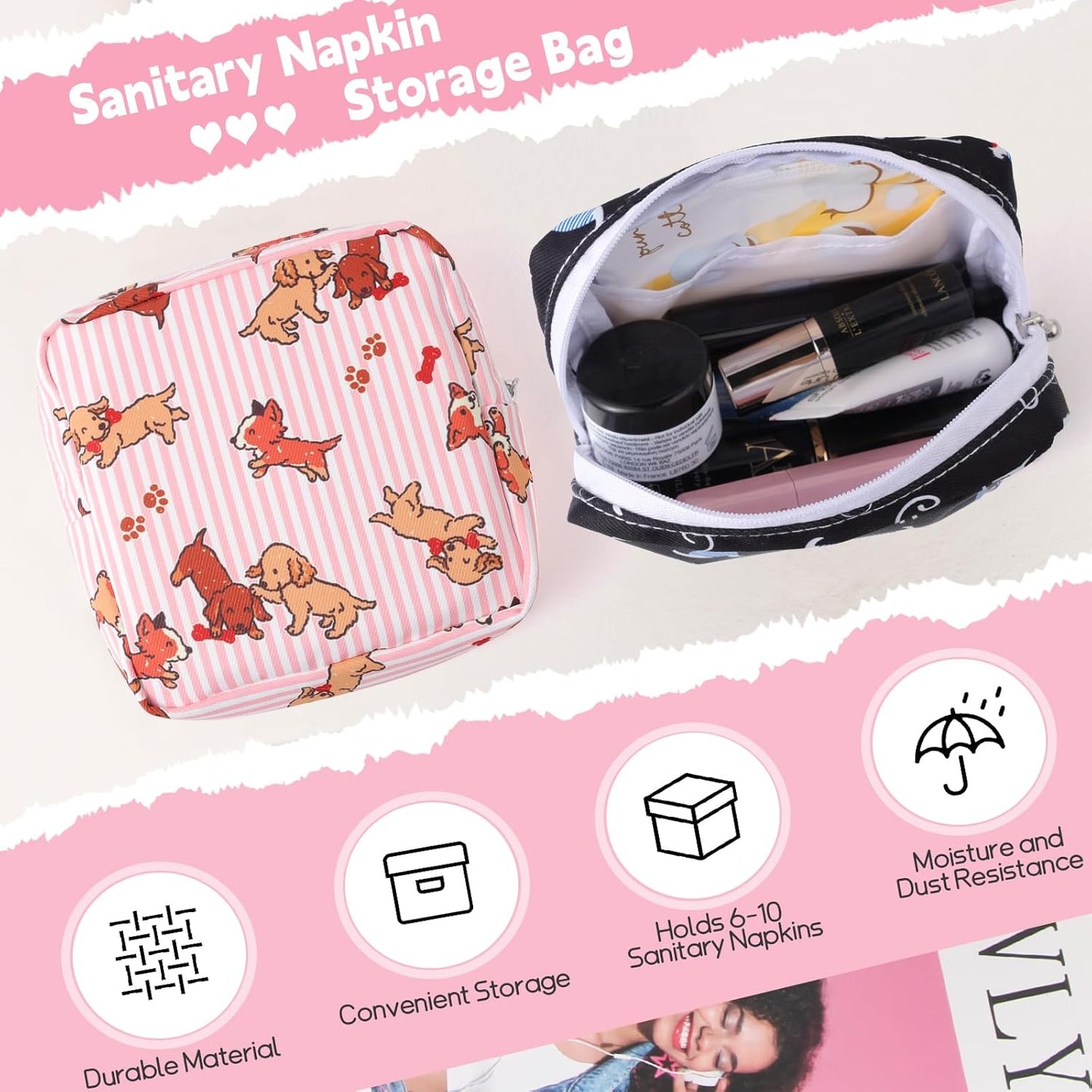 Desing Wish Sanitary Pad Storage Bag Portable Period Bag for Teen Pads/Sanitary Napkins/Small Tampons, Sanitary Napkin Storage Bag First Period Gifts for Teen Girls (Pink Striped Dog)