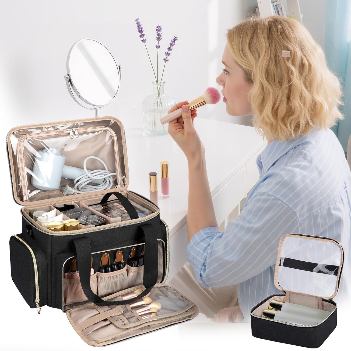 Large Makeup Bag, Portable Travel Makeup Bag Organizer for Women Girls with 2 Removable Pouches & Detachable Dividers, Cosmetic Travel Bag, Toiletry Bag for Makeup and Hair Supplies Black