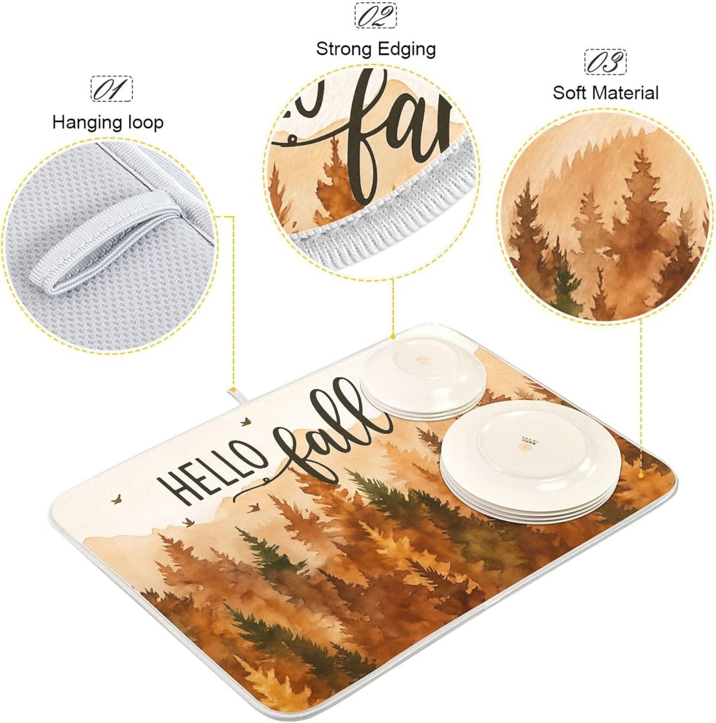 Hello Fall Forest Dish Drying Mat for Kitchen Countertop 18x24 Autumn Pine Tree Large Drying Mat Reusable Quick Dry Dish Sink Mats Easy Clean Decorative Essentials