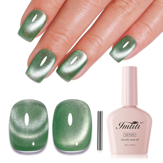 Imtiti Cat Eye Gel Nail Polish, Spring Green Holographic Magnetic Crystal Nail Gel Polish With Magnet Glittery Galaxy Spring Summer Kit Soak Off UV Led 10ML