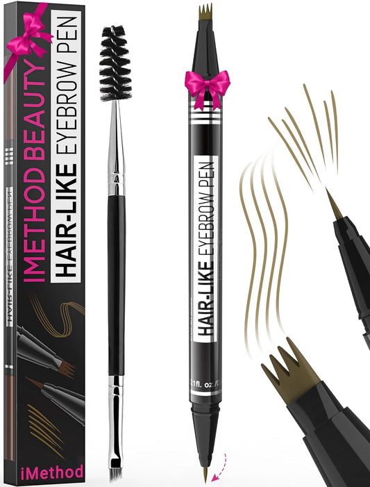 iMethod Eyebrow Pen - Eyebrow Pencil Magical 2-in-1 Eye Brow Pencils for Women with 4-Fork-Tip & Precise Brush-Tip for Natural Hair-Like Brows, Last All-Day, with Eyebrow Spoolie Brush, Light Brown
