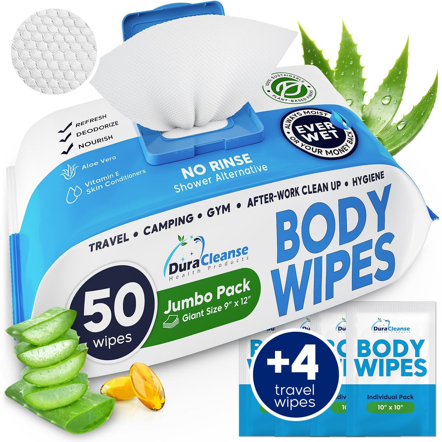 XL Body Wipes for Adults Bathing No Rinse - 50 Ct. + 4 Travel Shower Wipes - 9"x12" Thick Cleansing Bath Wash Sheets for Elderly Incontinence, Men & Women - Camping Essentials Disposable Washcloths