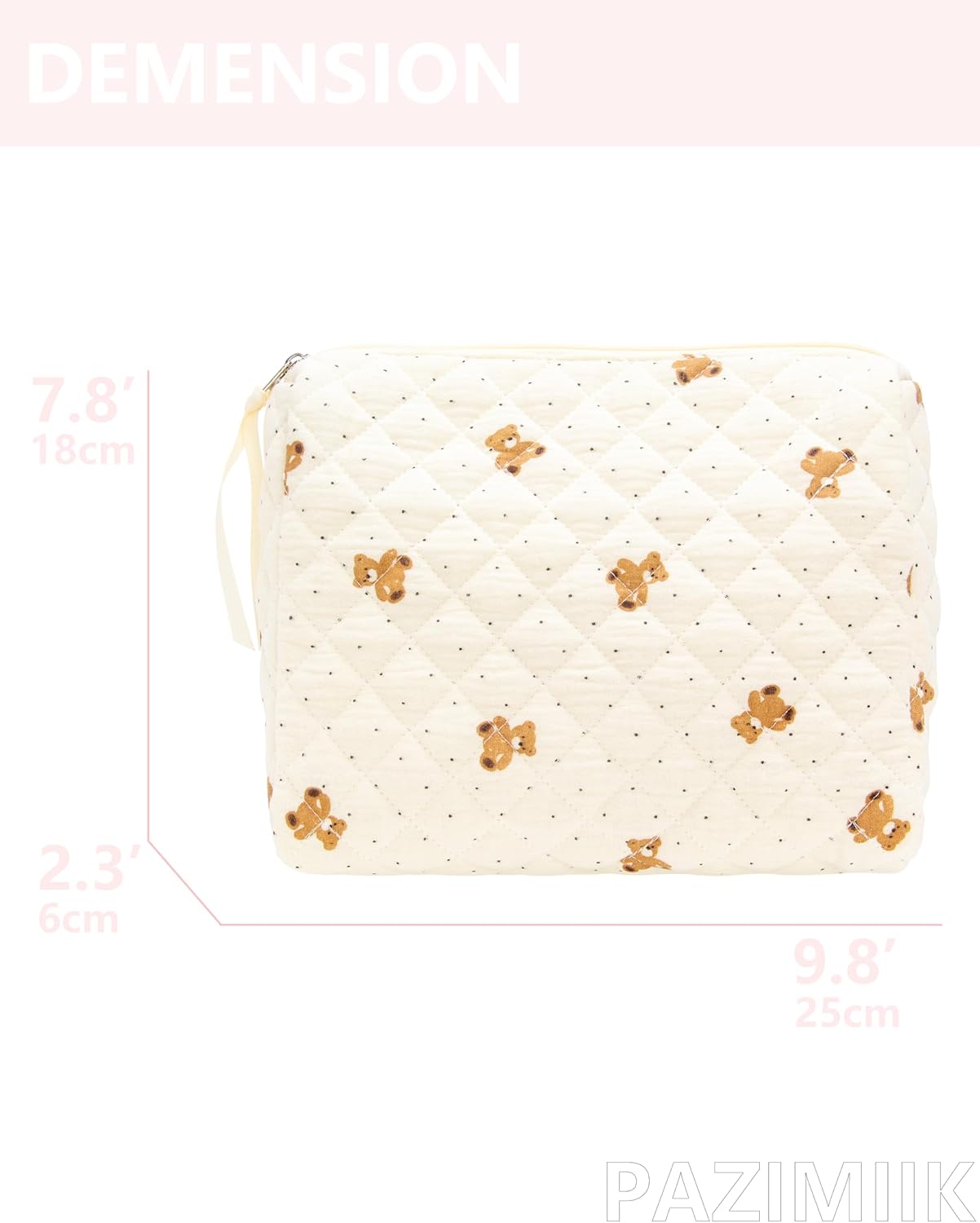 PAZIMIIK Quilted Makeup Bag Large Travel Zipper Soft Cosmetic Pouch for Women Girls Make Up,Gauze Bear