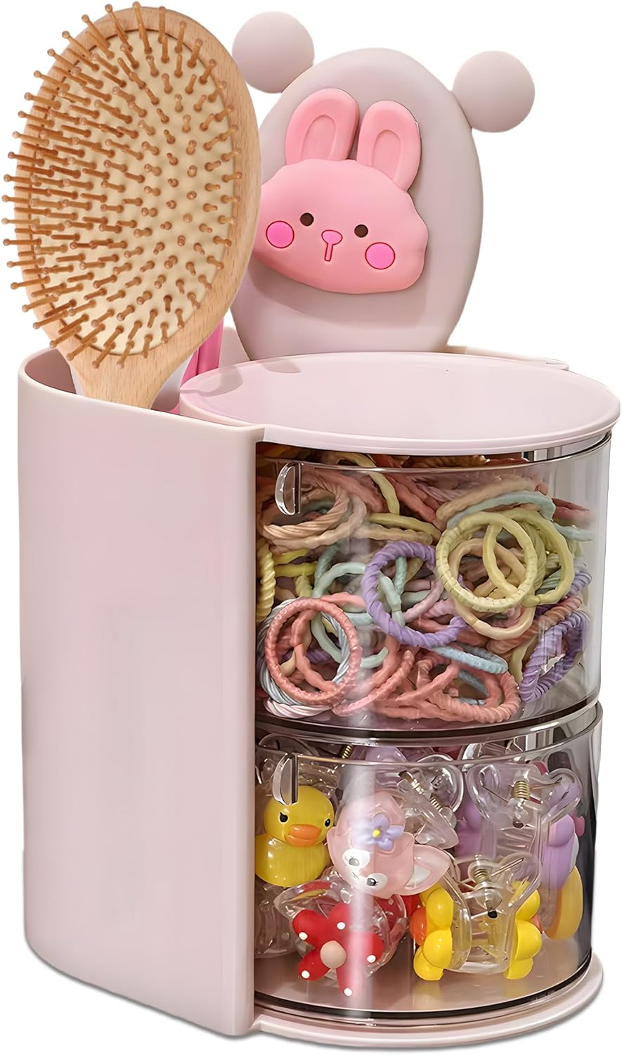 Hair Accessories Organizer with Hair Brush Holder, Rotatable Makeup Brush Holder for Necklaces, Earring, Bracelet, Ring, Makeup Brushes, Hair Clip and Hair Accessories (Pink, 2-Layer)