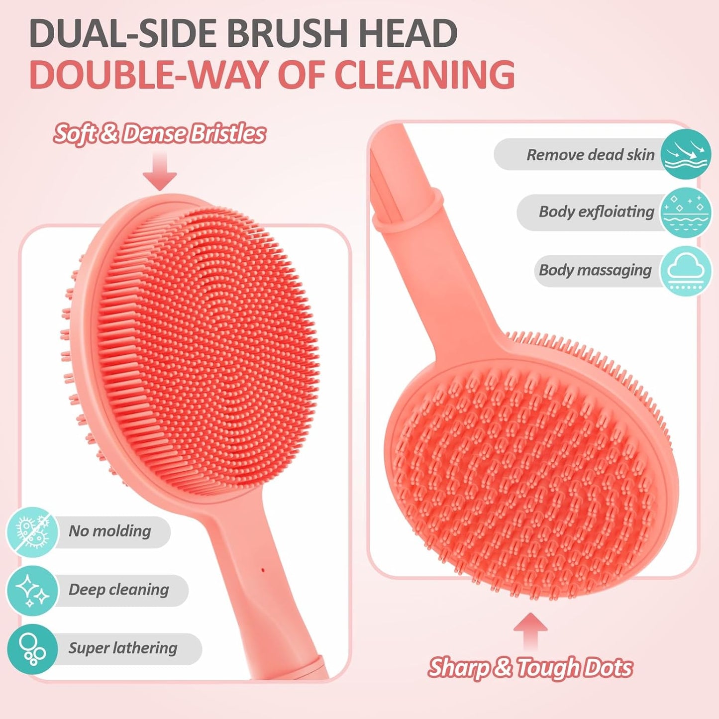 Adjustable Silicone Back & Face Scrubber Set, 16''-24'' Extendable Shower Back Scrubber with Dual-Side Head and Lathering Bristles, Manual Face Scrubber with Soft Bristle Non-Slip Handle(Pink)