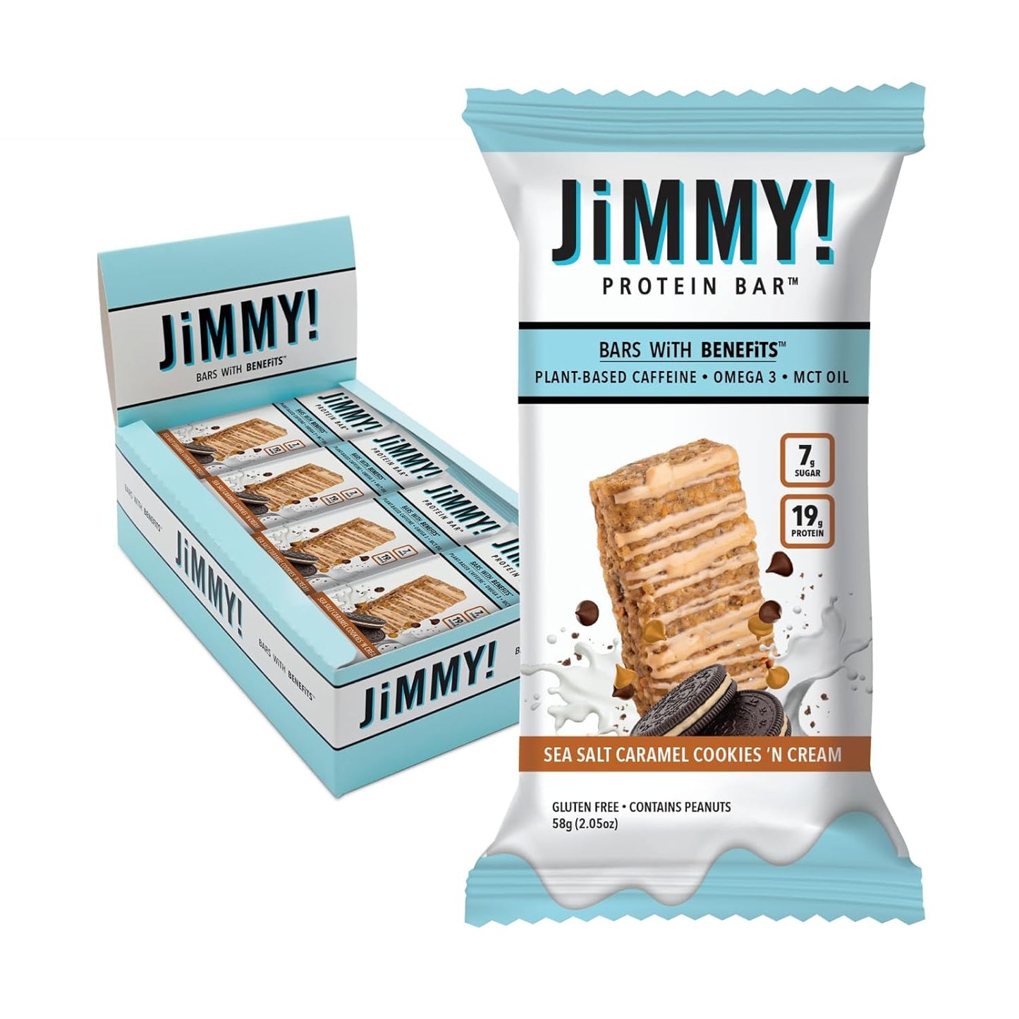 JiMMYBAR! - Sea Salt Caramel Cookies N' Cream - 19g High Protein Bars - 7g Sugar - 12 Count - 58g Health Bars - Natural Peanut Butter Core - Caffeinated Protein Bar For Energy- Hand Drizzled Chocolate