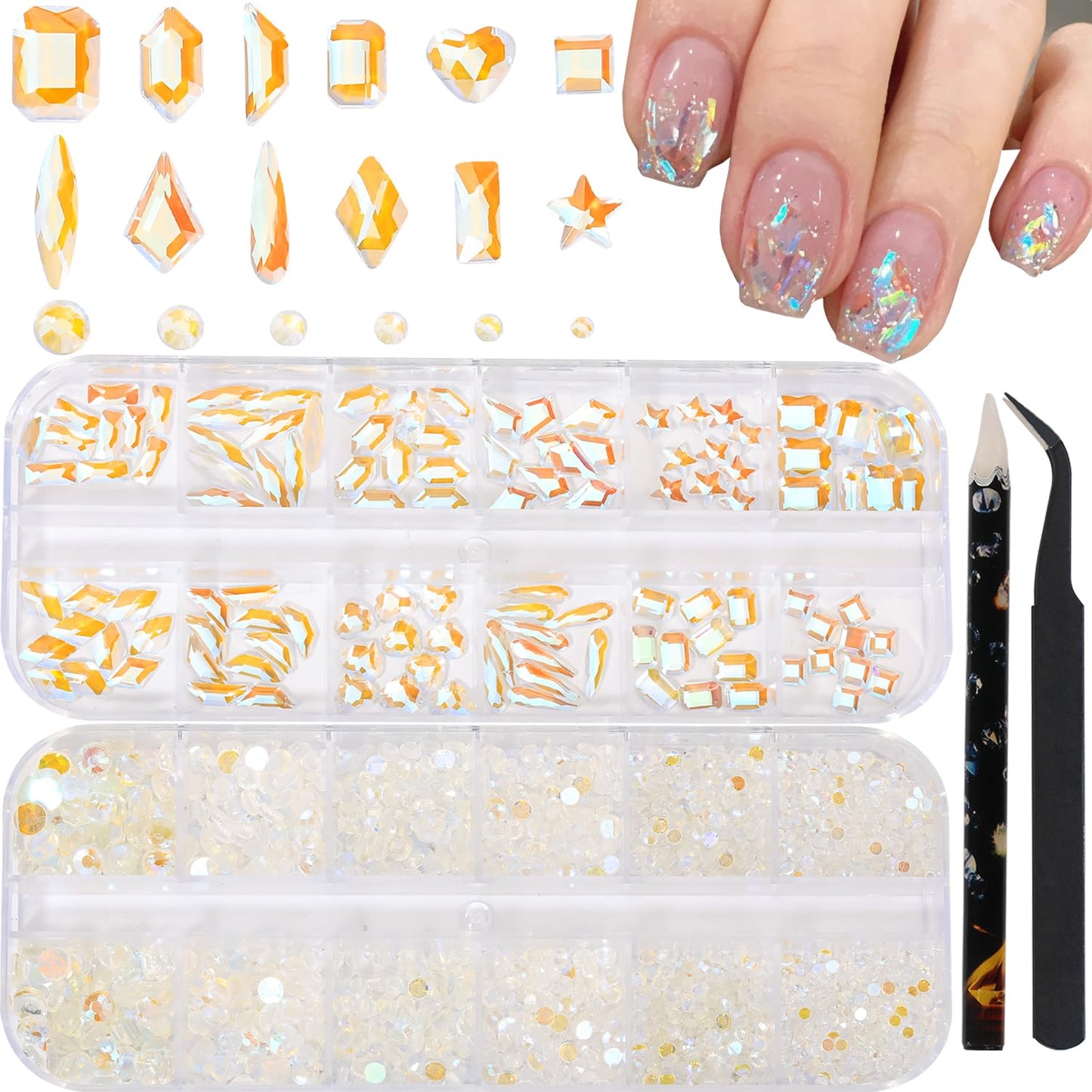 HNUIX Nail Rhinestones - 3D Multi Shape Size Crystal, Crystal Aurora Nail Gems, Flat Back, with Kit, for Nail Art, DIY Decorations