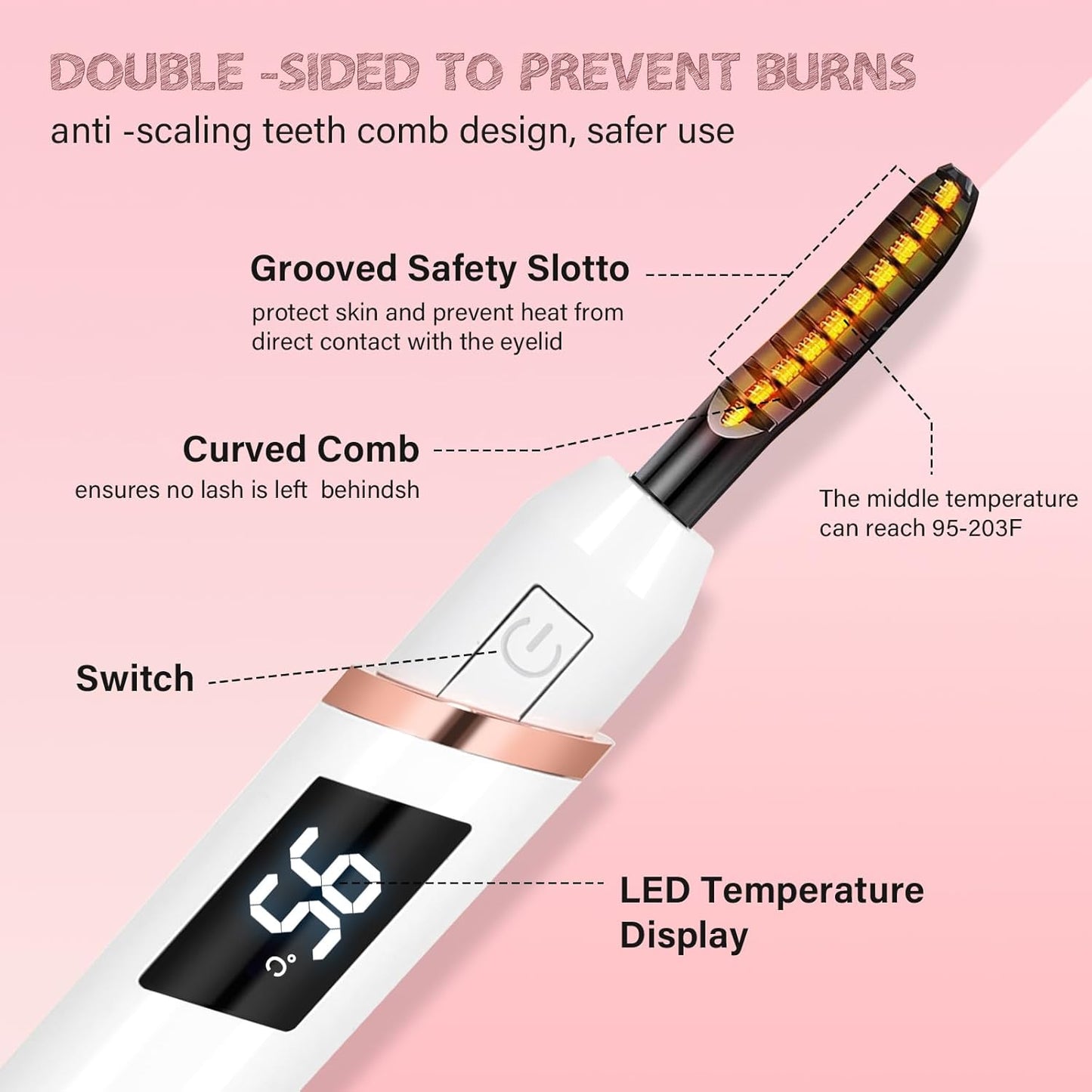 Heated Eyelash Curler for Women, Electric Lash Curler with 10s Fast Heating, 4 Adjustable Temp (65°C-95°C), 24H Curl, USB-C Rechargeable, Ergonomic Design, Travel-Friendly Makeup Tool Gift