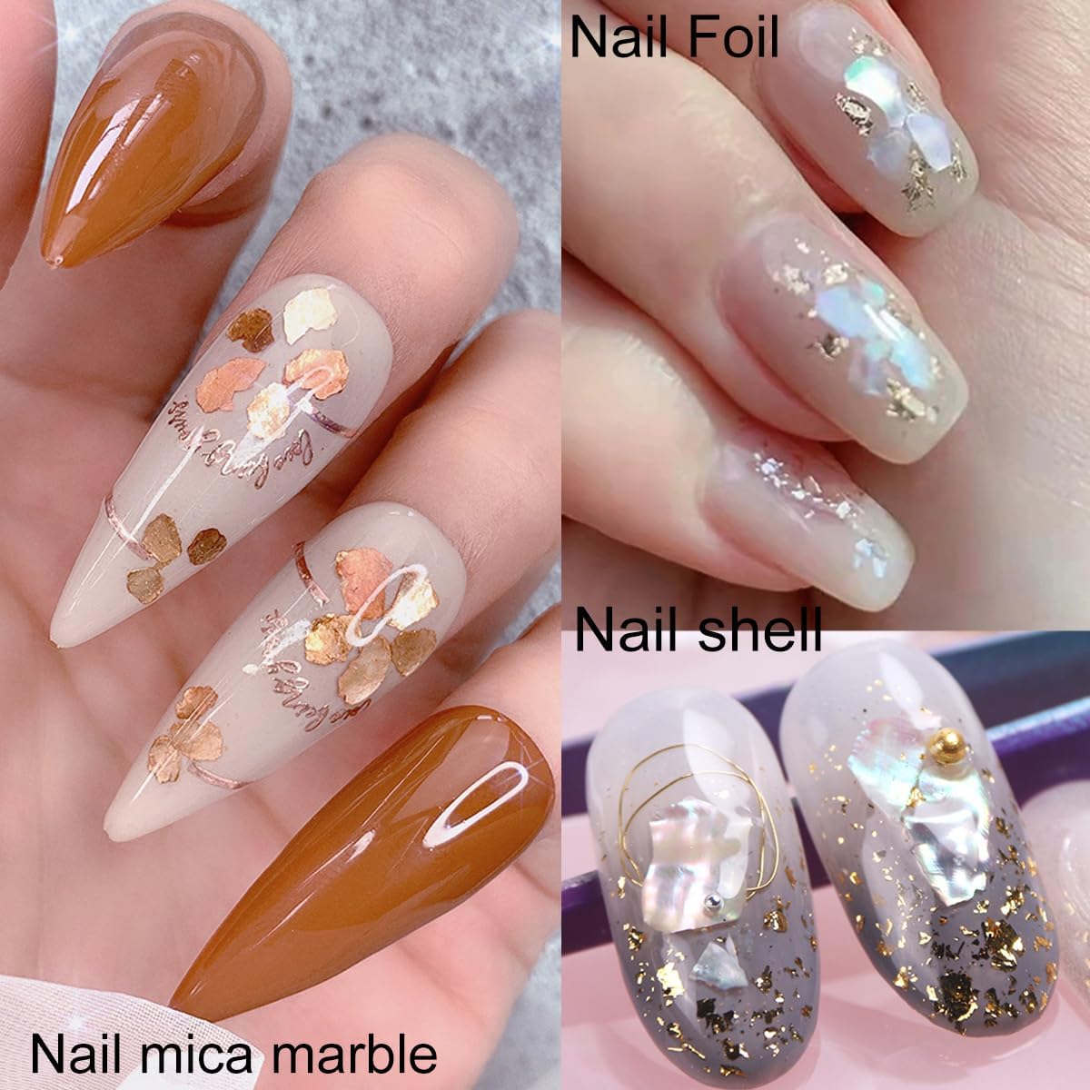 3 Boxes 36 Grids Nail Art Foil Flakes Glitter Irregular Mica Seashell Flakes,Nail Supplies Glitter Slice Colorful Marble Seashell DIY Acrylic Decorations Charms