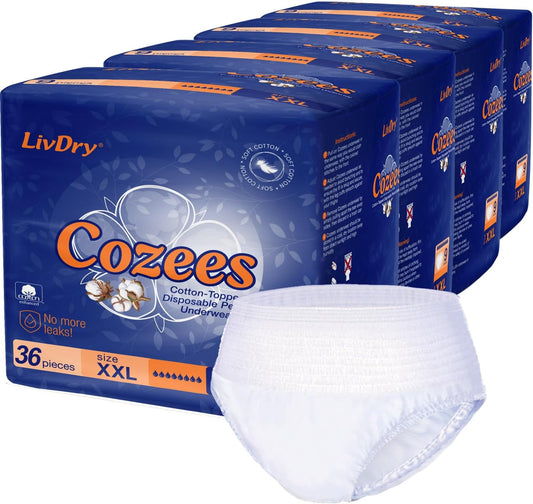 Cozees Disposable Period Underwear for Women, Menstrual and Postpartum High Absorbency, Cotton Covered Comfort, Made in USA (36 Count, XX-Large)