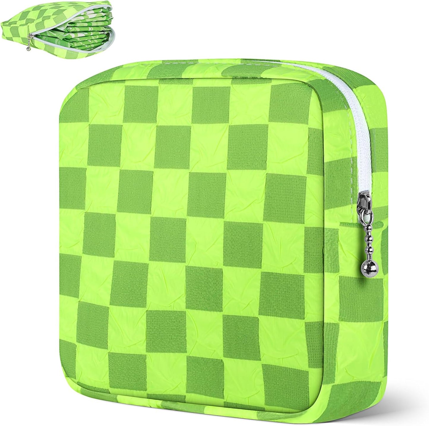 Desing Wish Sanitary Napkin Storage Bag Polyester Fabric Period Bag for Teen Girls Sanitary Pad Pouch for Sanitary Napkins/Tampons/Panty Liners Privacy Protector Pad Bag (Bubble-Check, Neon Green)