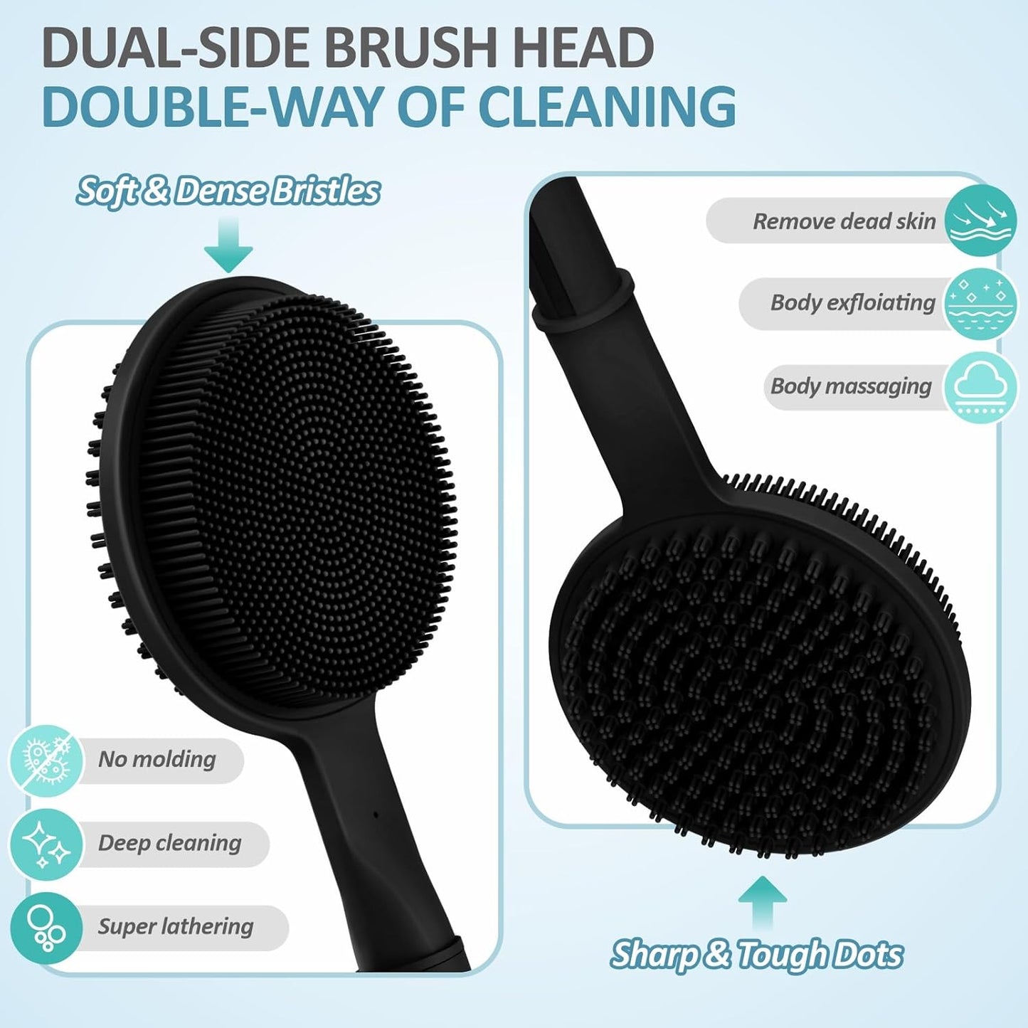 Adjustable Silicone Back & Face Scrubber Set, 16''-24'' Extendable Shower Back Scrubber with Dual-Side Head and Lathering Bristles, Manual Face Scrubber with Soft Bristle Non-Slip Handle(Black)