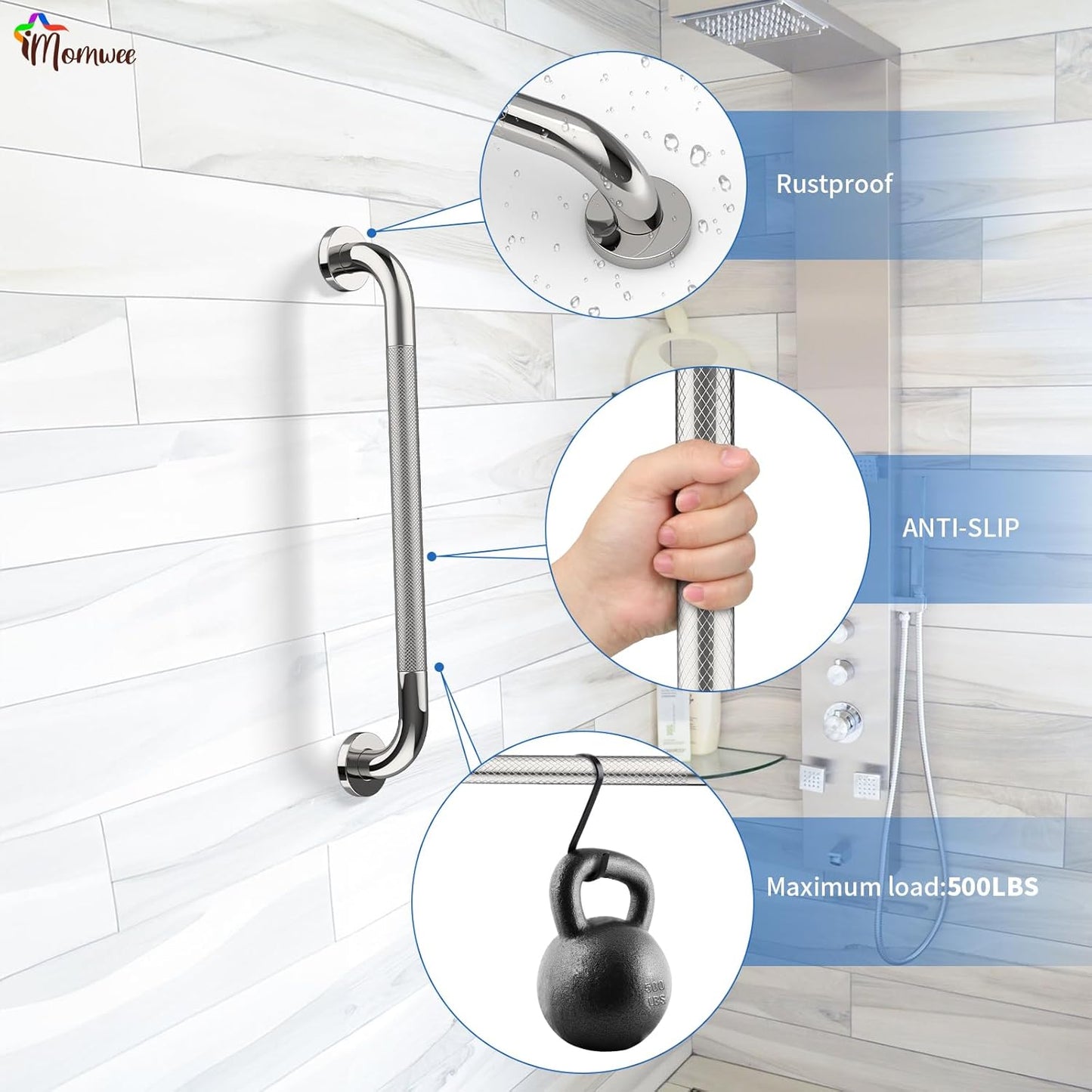 2 Pack 32 Inch Shower Grab Bar with Anti-Slip Grip, iMomwee Chrome Stainless Steel Bathroom Grab Bar Handle, Shower Balance Bar, Safety Hand Rail Support, Handicap Elderly Senior Assist Bath Handle