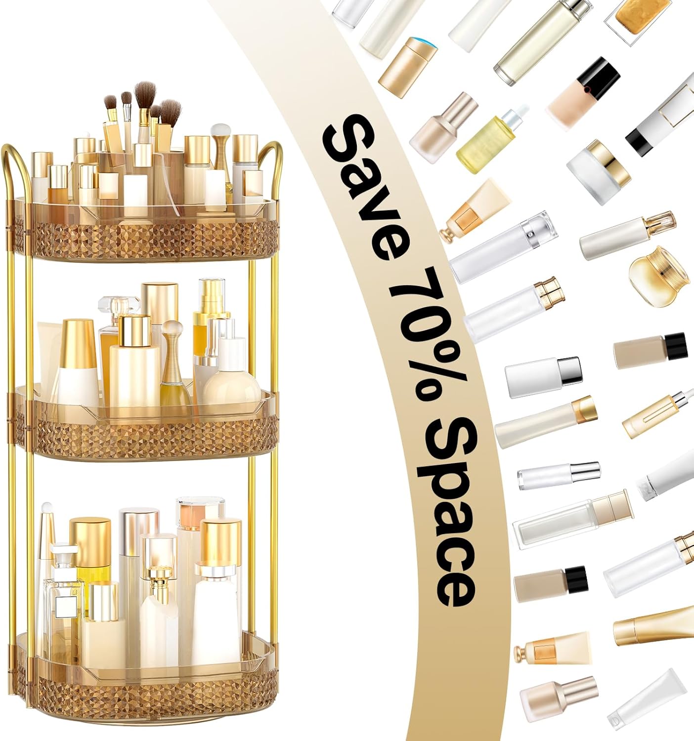 Rotating Makeup Organizer for Vanity 3 Tier, Perfume Organizer with Makeup Brush Holder, Large Capacity Cosmetics Clear Skincare Organizer for Countertop (Pink)