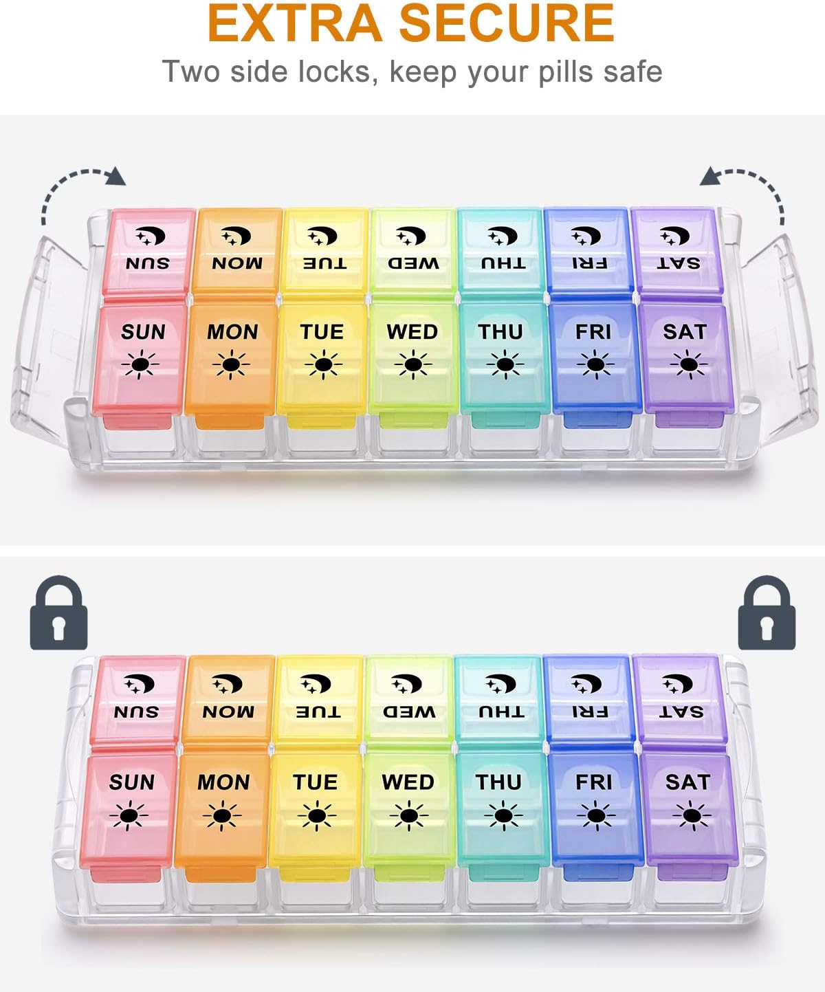 Pill Organizer 2 Times a Day, Fullicon Quick Fill Large Weekly AM PM Pill Box, Medicine Organizer 7 Day, Daily Pill Cases - Rainbow (Patent Registered)