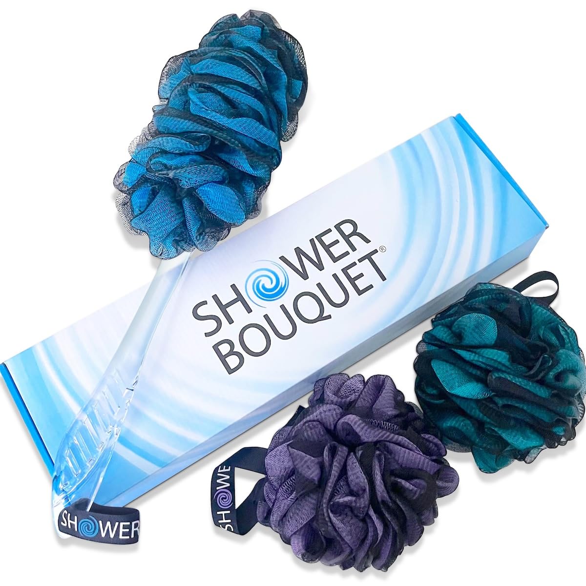 SHOWER BOUQUET Loofah-Charcoal Back-Scrubber & Bath-Sponge Color-Set // 1 Long-Handle-Back-Brush plus 2 Extra Large 75g Soft Mesh Loofa Lufa Loufa Poufs, Men & Women - Exfoliate with Full Pure Cleanse