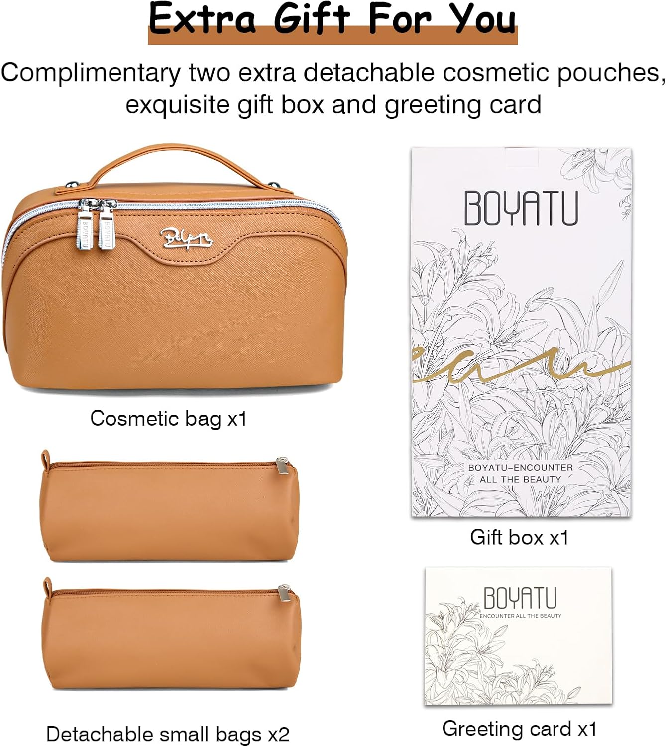 BOYATU Travel Makeup Bags for Women: Vegan Leather Cosmetic Bag Set of 3 - Large Capacity Make up Bag with Divider - Wide Open Waterproof Toiletry Organizer Bag with Handle (05-Brown)