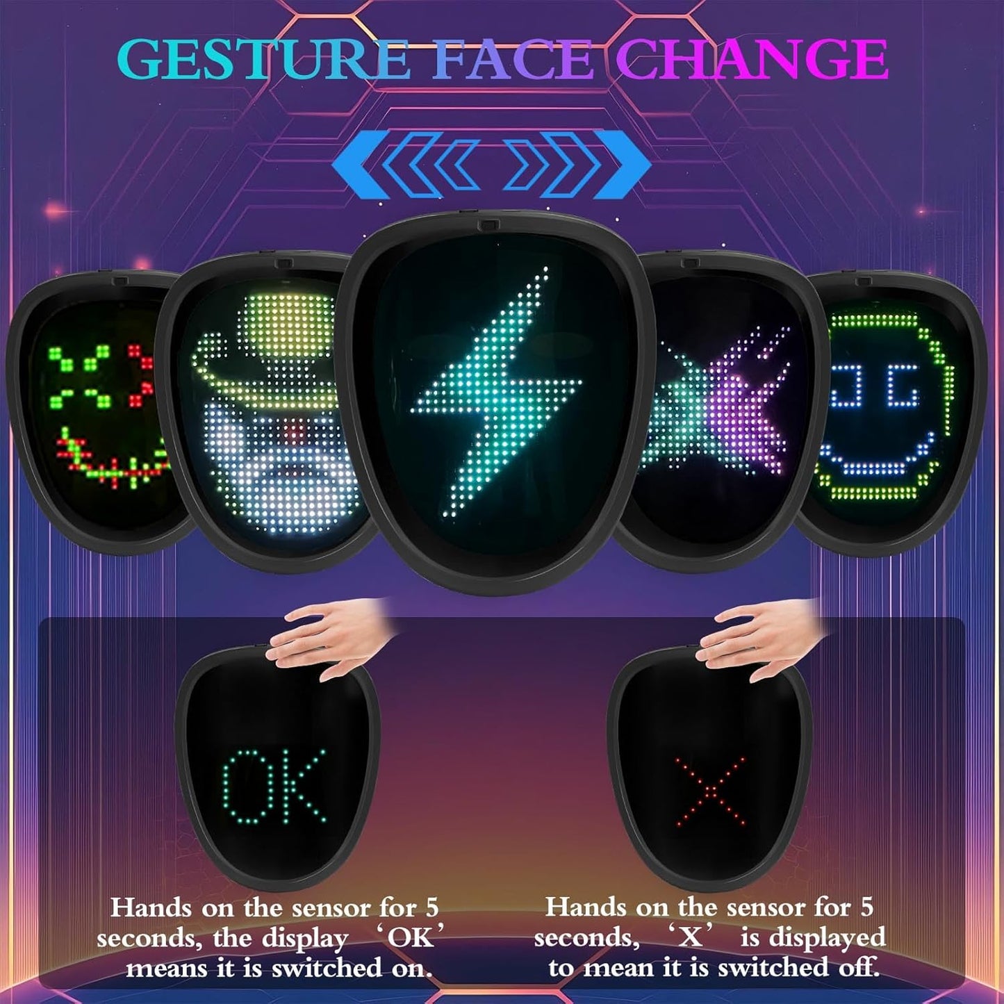 LED Mask with Gesture Sensing, Cool Light Up Transforming Face Mask for Halloween Xmas Cosplay