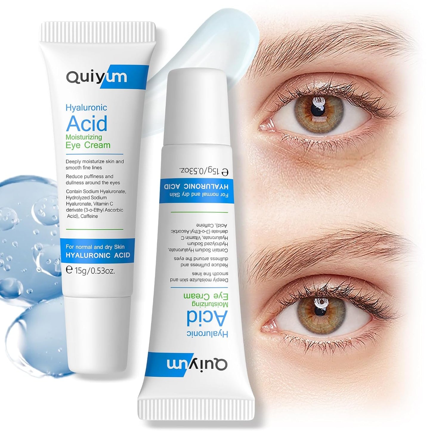 Hydrating Eye Cream, Under Eye Cream for Dark Circles & Puffiness, Hyaluronic Acid Eye Treatment Creams for Bags Under Eye, Reduce Fine Lines & Wrinkles, Anti Aging for Women 0.53oz, 2 Pack