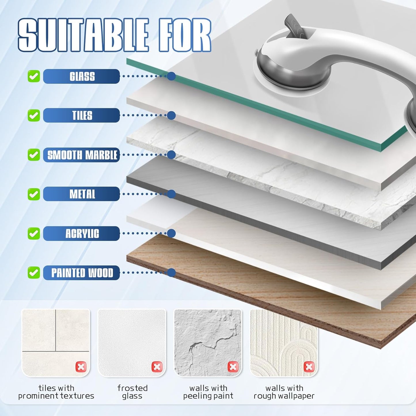 Grab Bars for Bathtubs and Showers, 2 Pack Shower Handles for Elderly with Strong Suction, 12 Inch Bathroom Shower Safety Bars for Seniors and Disabled for Wall