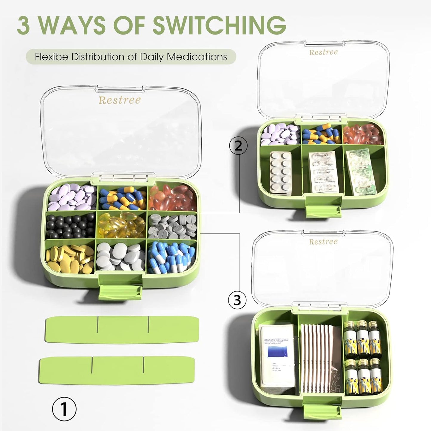 Restree Large Pill Organizer, Moisture Proof & Waterproof Travel Pill Case, Portable Medication Box with Adjustable Dividers for Vitamins Supplements Fish Oil and Daily Pills 9 Compartments (Green)