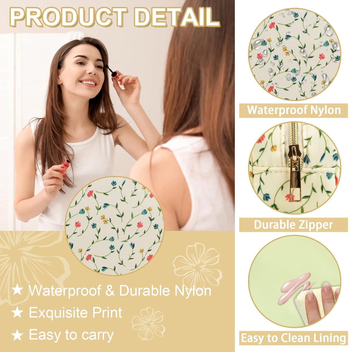 Waterproof Small Floral Pencil Case Makeup Bag for Purse,Cute Flower Pencil Pouch Preppy Nylon Makeup Brush Holder with Zipper,Girls Portable Storage Case Pen Bag for Work(Slim Light Yellow-Flowers)