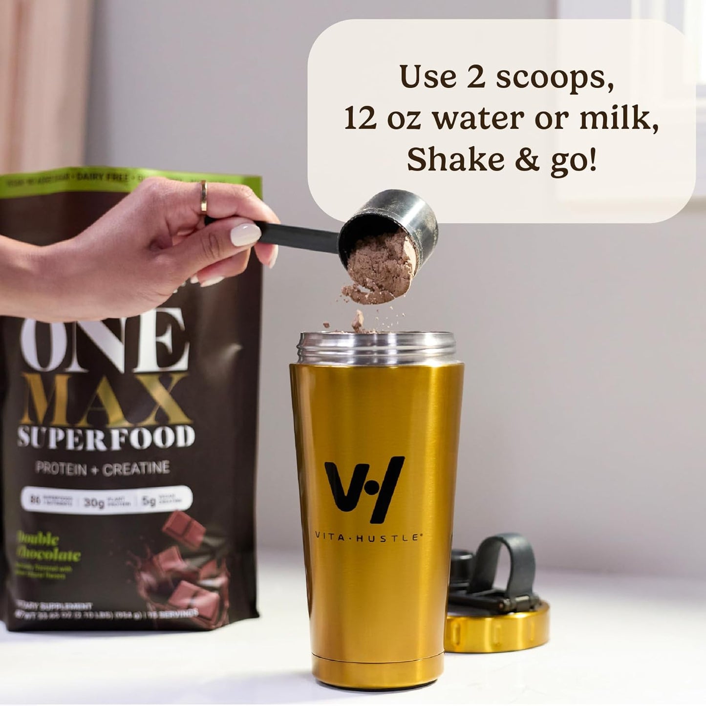 VitaHustle ONE Max Protein Powder, 30g Plant Protein + 5g Creatine, All-in-One Meal Replacement Shake with Greens, Adaptogens, Ashwagandha, Probiotics & Vitamins – Double Chocolate, 15 Servings