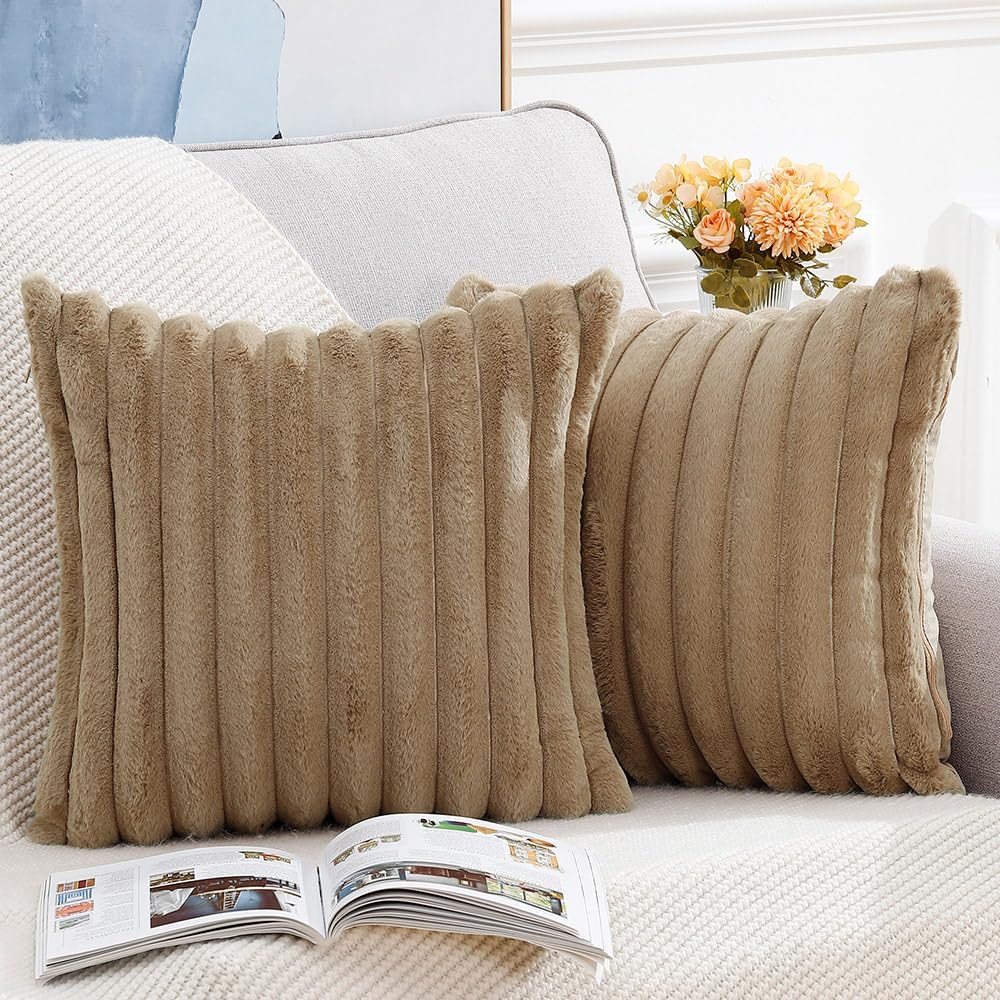 MADIZZ Set of 2 Faux Wool Plush Decorative Throw Pillow Covers 18x18 Inch Brown Fluffy Striped Soft Decorative Cushion Cover for Sofa Bedroom Pillow Shell
