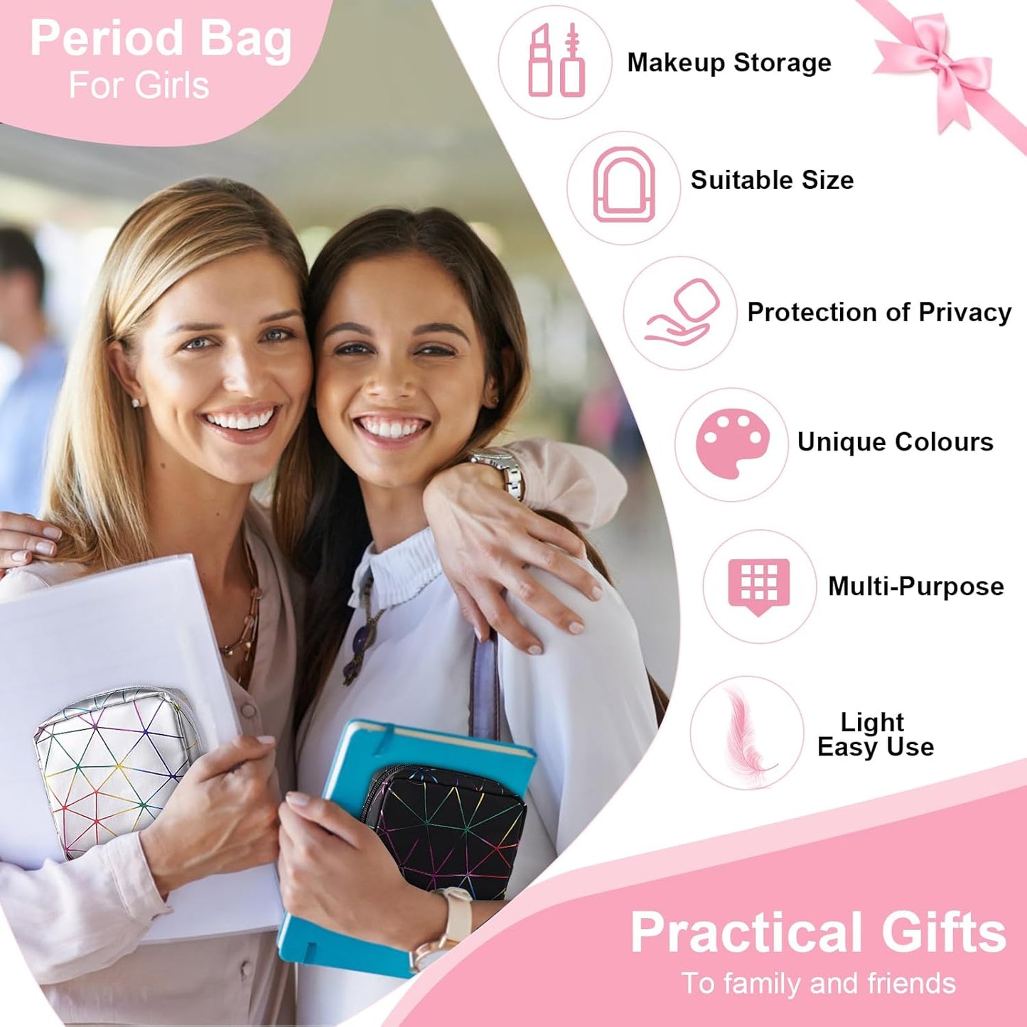Desing Wish Sanitary Napkin Storage Bag, Menstrual Cup Pouch Nursing Pad Holder Tampon Bags Feminine Product Pouches Portable Period Kit Bag for Girls Women Ladies 2 Pack (Dazzling Black/Silver)