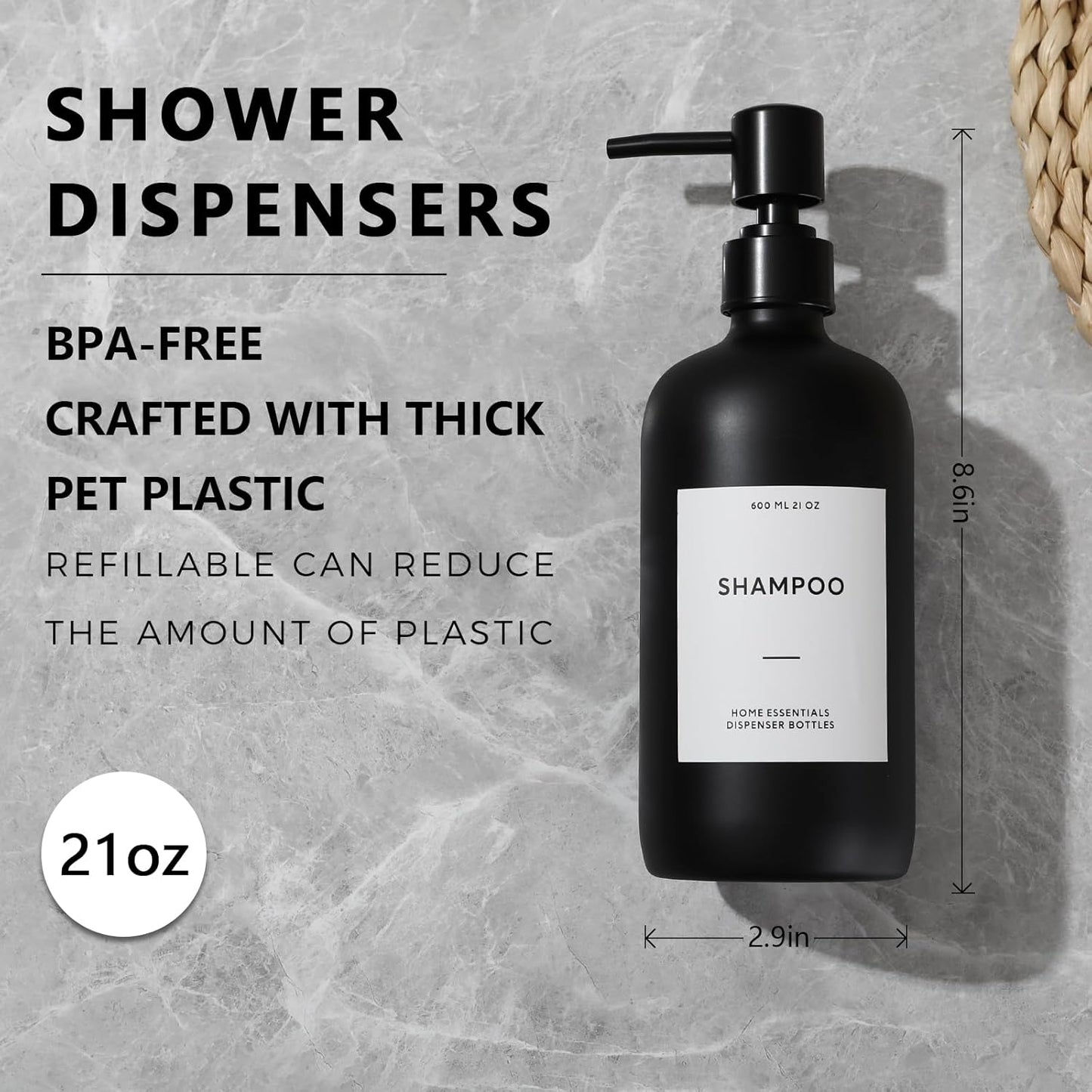 HOMCDALY Shampoo and Conditioner Dispenser, 21oz 3-Pack Refillable Shampoo and Conditioner Bottles, Empty Bathroom Shower Pump Dispenser (21oz-Black