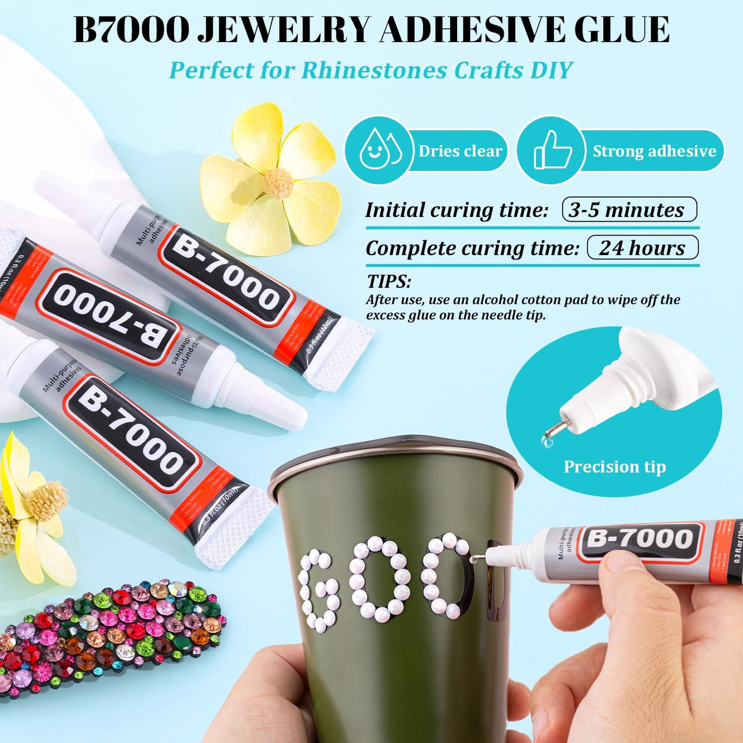 6100Pcs Resin Rhinestones for Crafting with 2Pcs 10ml B7000 Jewelry Glue, 1 Box Flatback Crystals Diamond (White) for Bedazzling Crafts DIY Nail Art Non Hotfix Gems for Clothing Shoes