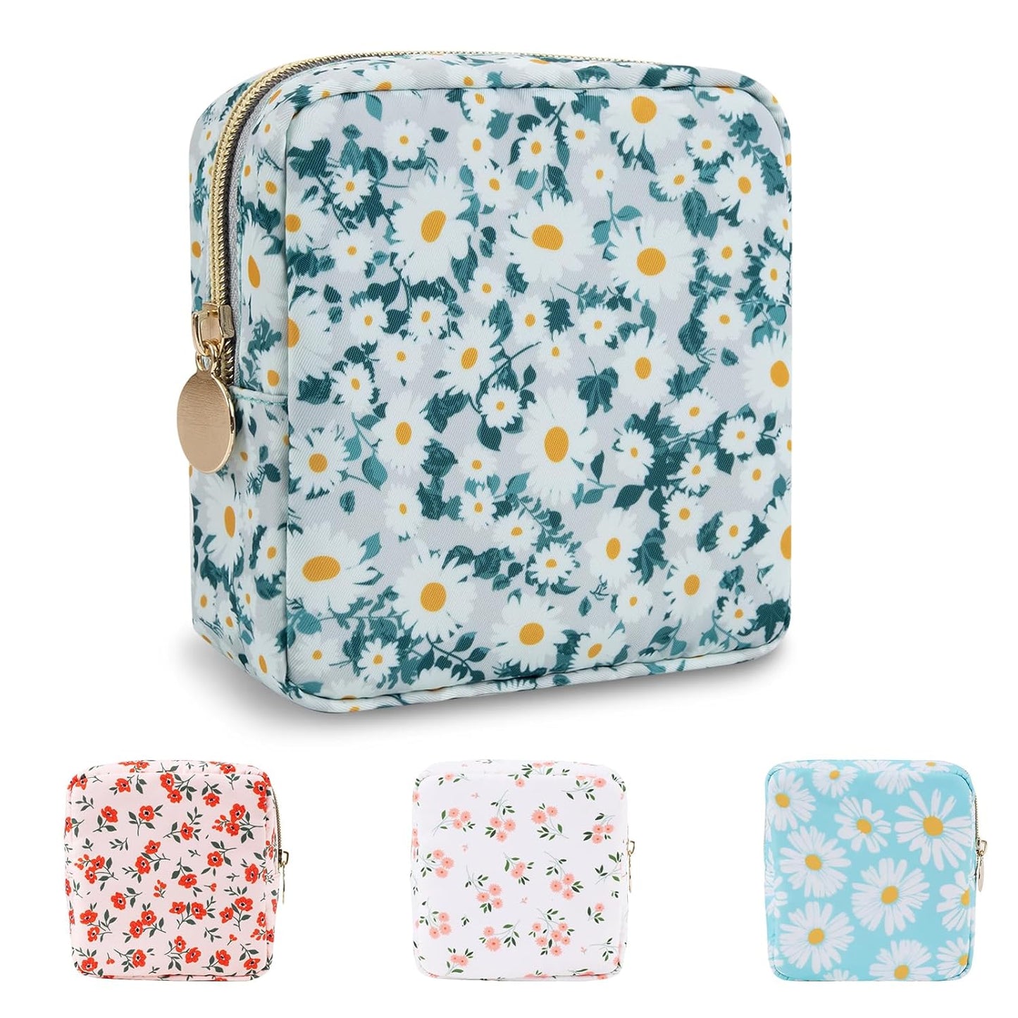 Waterproof Mini Floral Makeup Bag Pouch for Purse,Nylon Flower Cosmetic Travel Bag Small Preppy Toiletry Organizers Bag for Women Girl,Cute Zipper Pouch Coin Purse for Work(Mini Green-Daisy)