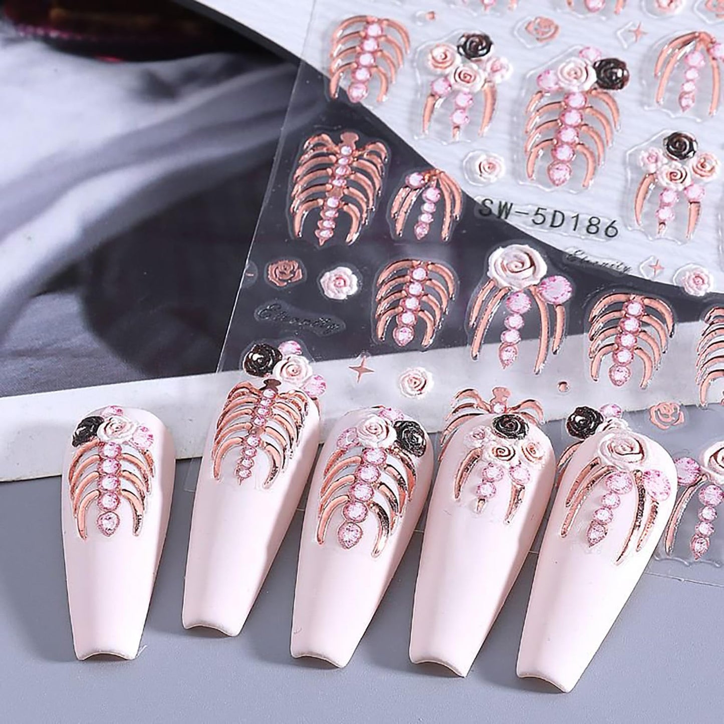Halloween Nail Art Stickers 5D Relief Skeleton Hand Rose Flowers Nail Decals Self -Adhesive Gold Rose Gold White Nail Decals Holographic Halloween Nail Decoration for Women Manicure Supplies