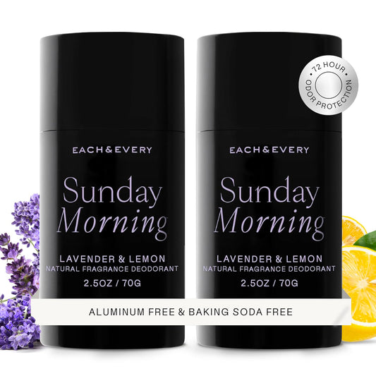 Each & Every Aluminum Free Deodorant for Women & Men, Lavender & Lemon - All Natural Deodorant for Sensitive Skin, EWG Verified - Clean, Baking Soda-Free, Plant-Based Fragrance - 2.5oz, 2 Pack