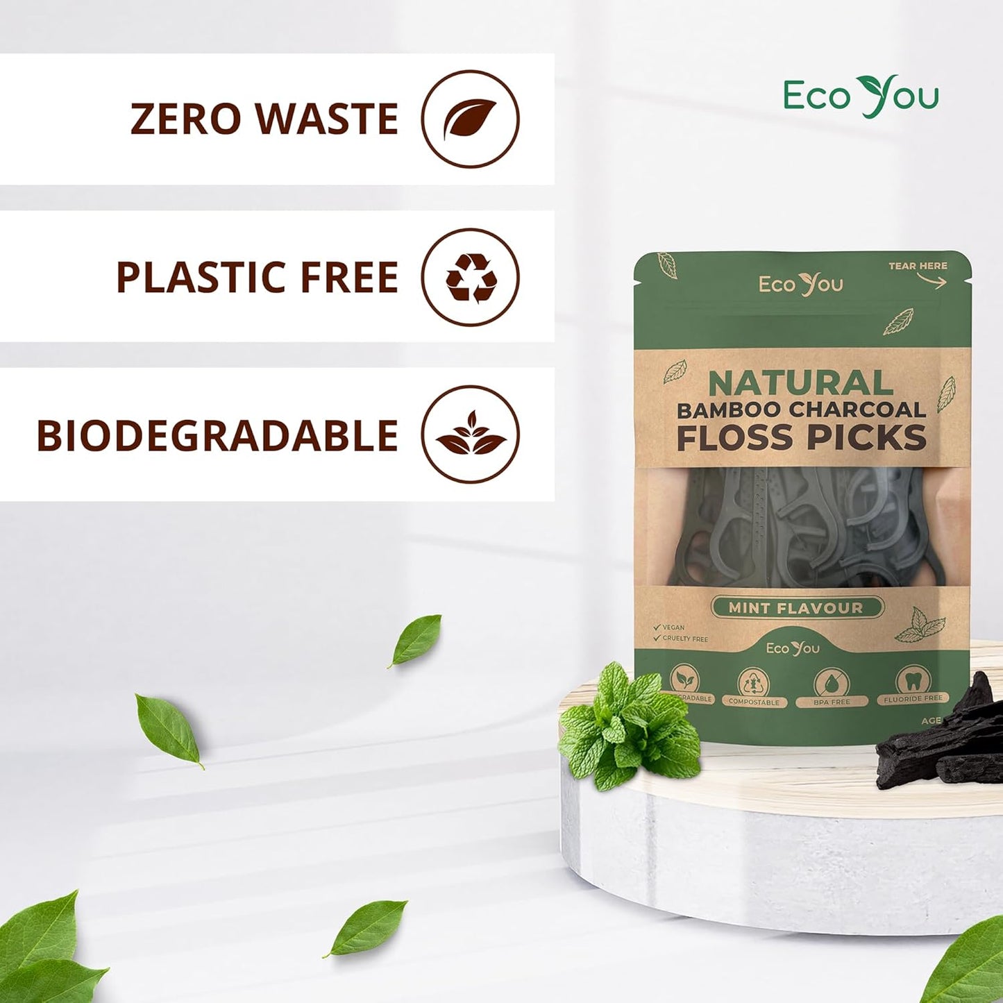 Biodegradable Floss Picks | 100 Count (2 Pack) | Mint Flavor, Candililla Wax | Sustainable & Reusable | Vegan & Cruelty-Free | Bamboo Floss Picks, Bamboo Toothpicks