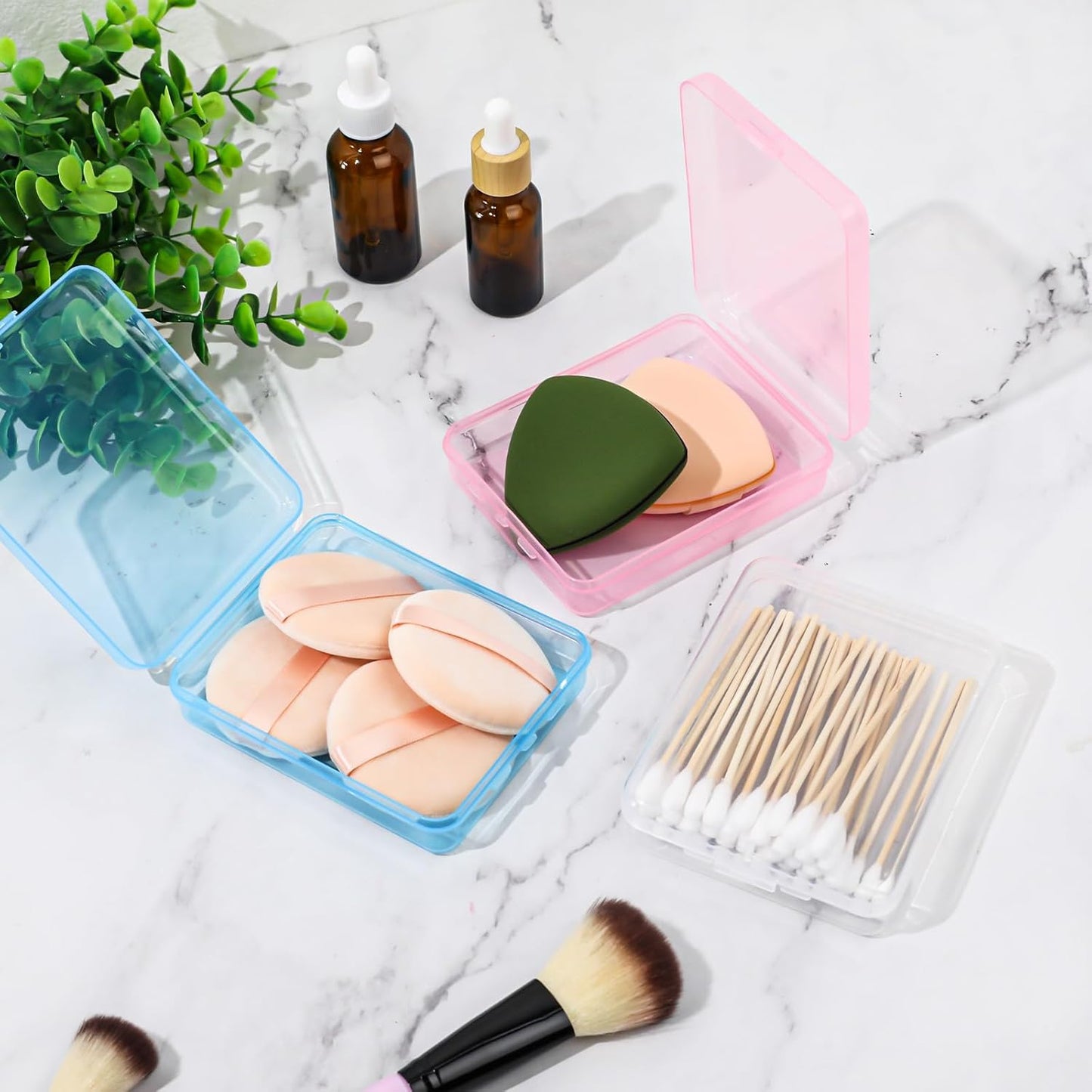 3-Piece Portable Travel Pad Holder - Bathroom Countertop Storage Organizer - Cotton Pad, Swab, Floss Dispenser (Blue, Pink, Transparent)