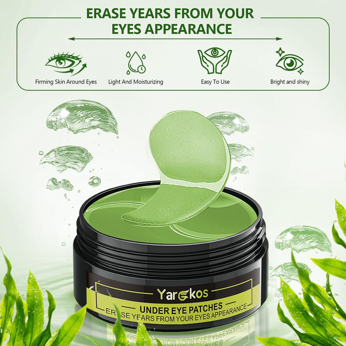 Green Eye Mask 60Pcs, 5 Portable 24K Gold Hydrating Under Eye Patches, 30 Pairs Women Men Collagen Undereye Gel Pads for Dark Circles Puffy Eyes Puffiness Wrinkle Eye Bag Treatment