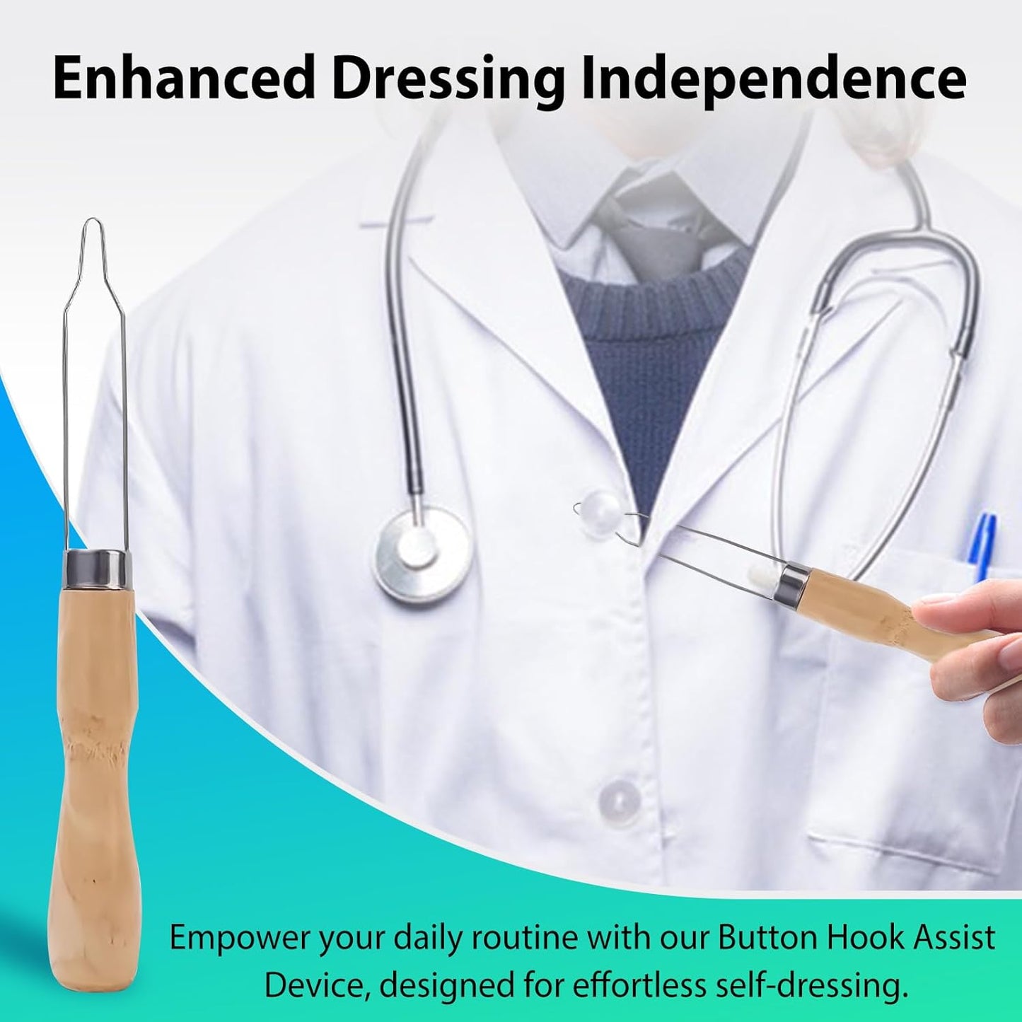 2pcs Button Hook Assist Device with Easy-Grip Wooden Handle for Shirts, Coats, Dresses - Ideal Button Aids for Arthritis & Limited Dexterity Fine Tip