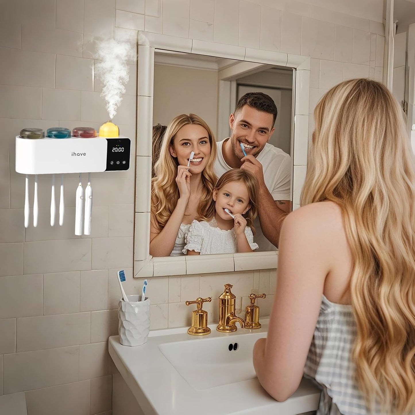 iHave Toothbrush Holders with UV Toothbrush Sanitizer, Aromatherapy Diffuser & IR Night Light - 4-Hour Smart Cruise Disinfection, Auxiliary Combo Drying - Wall-Mounted Bathroom Organizer with 3 Cups