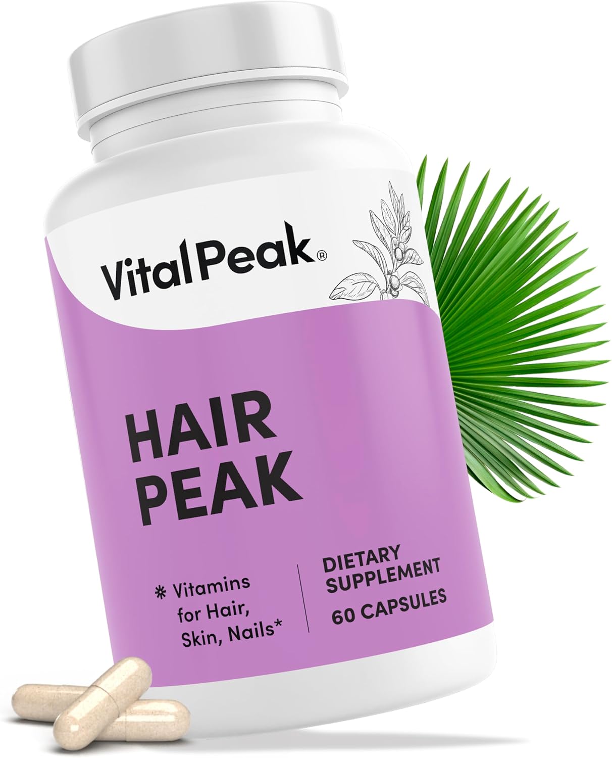 Hair Peak - Hair Growth Supplement - Hair Vitamins to Support Healthy Hair - with Biotin, Collagen, Saw Palmetto Extract, Keratin, Iron, Ionide, Zinc & More - Gluten Free, Dairy Free - 60 Capsules