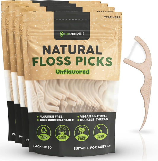 Biodegradable Floss Picks (Unflavored) - Natural Straw Wheat Handle | Thin & Durable Thread for Tight Gaps! | Dental Flossers for Adults | Gentle on Gums & Teeth | Eco Friendly, Vegan (200 Pack)