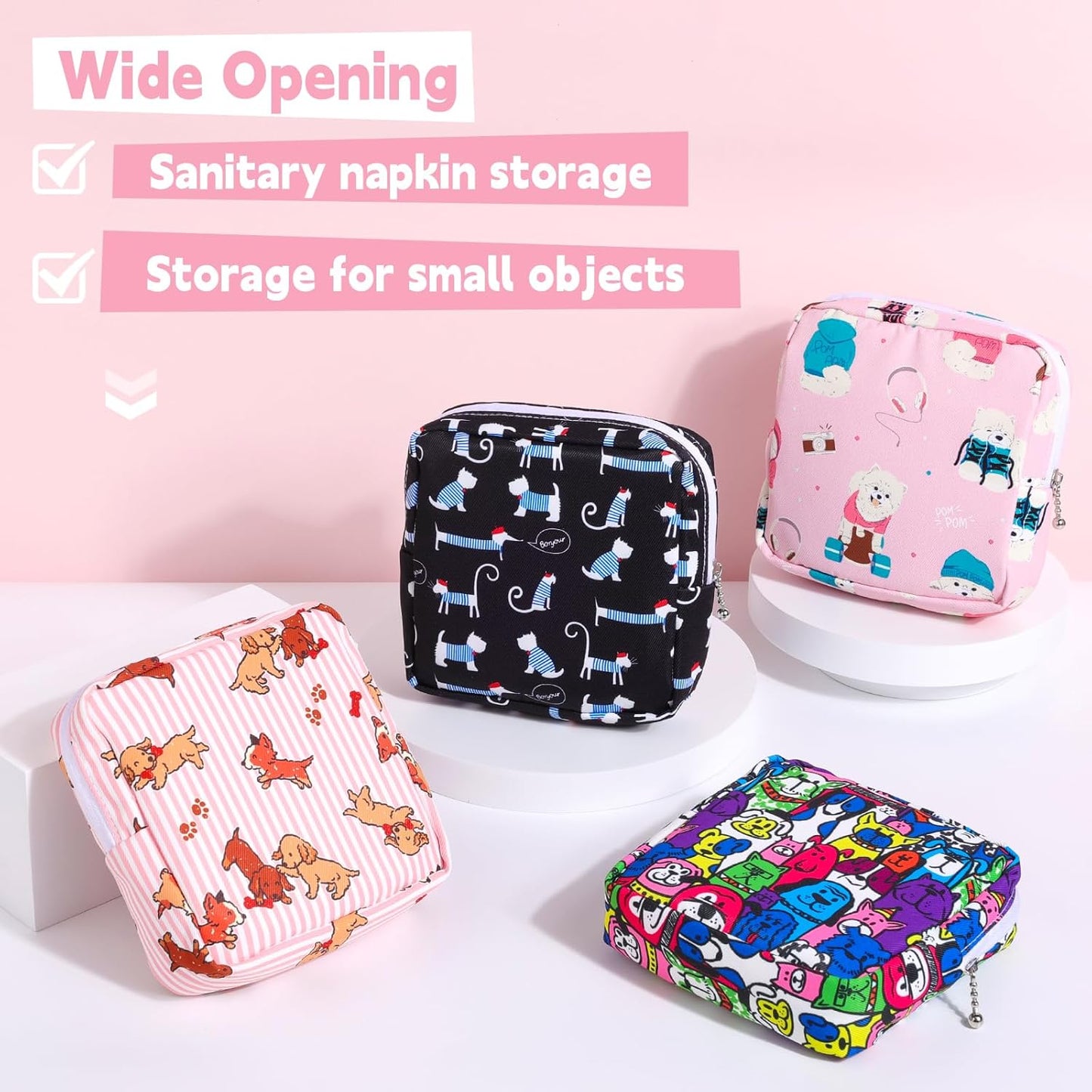 Desing Wish Sanitary Pad Storage Bag Portable Period Bag for Teen Pads/Sanitary Napkins/Small Tampons, Sanitary Napkin Storage Bag First Period Gifts for Teen Girls (Trend Music Dog)