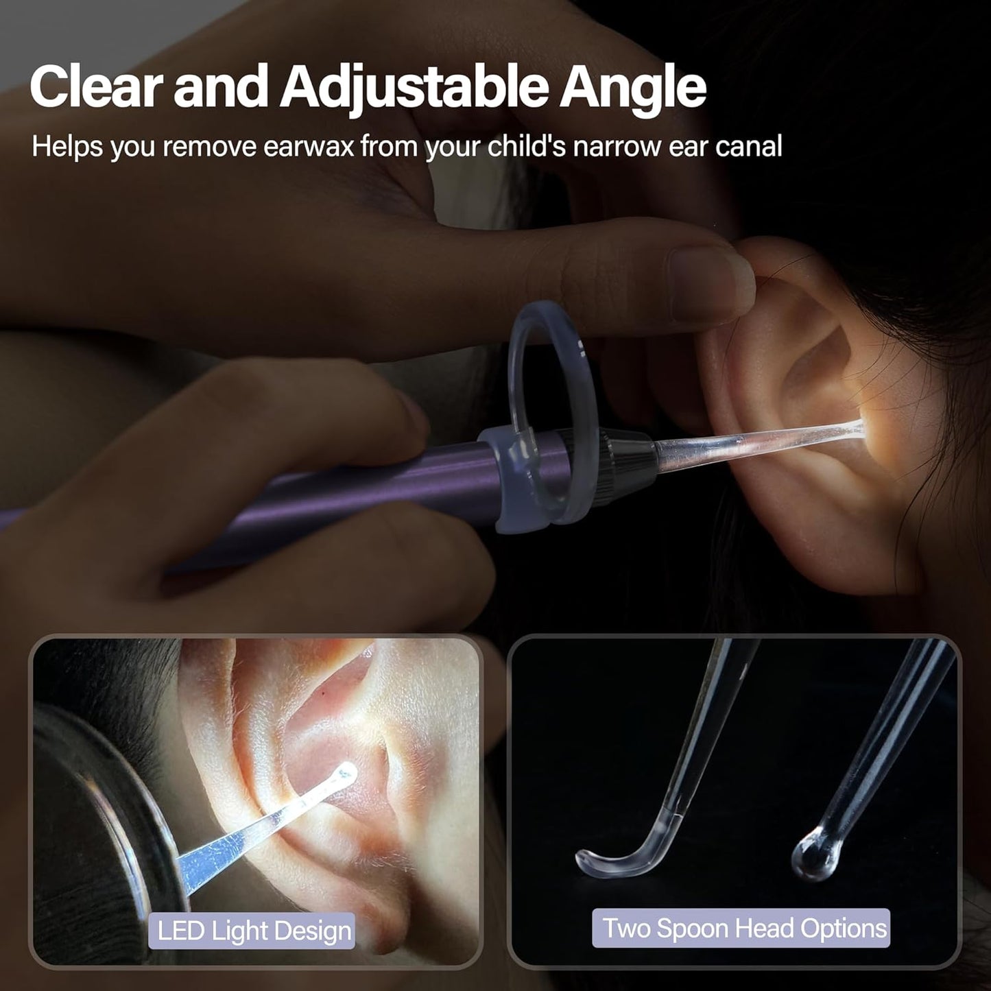 POZILAN Ear Cleaning Kit with LED Light - 15 Pack Ear Wax Removal Kit for Kids and Adults, Earwax Spoon Digger & Tweezers for Ear Cleaning Tool Present Set（Purple）