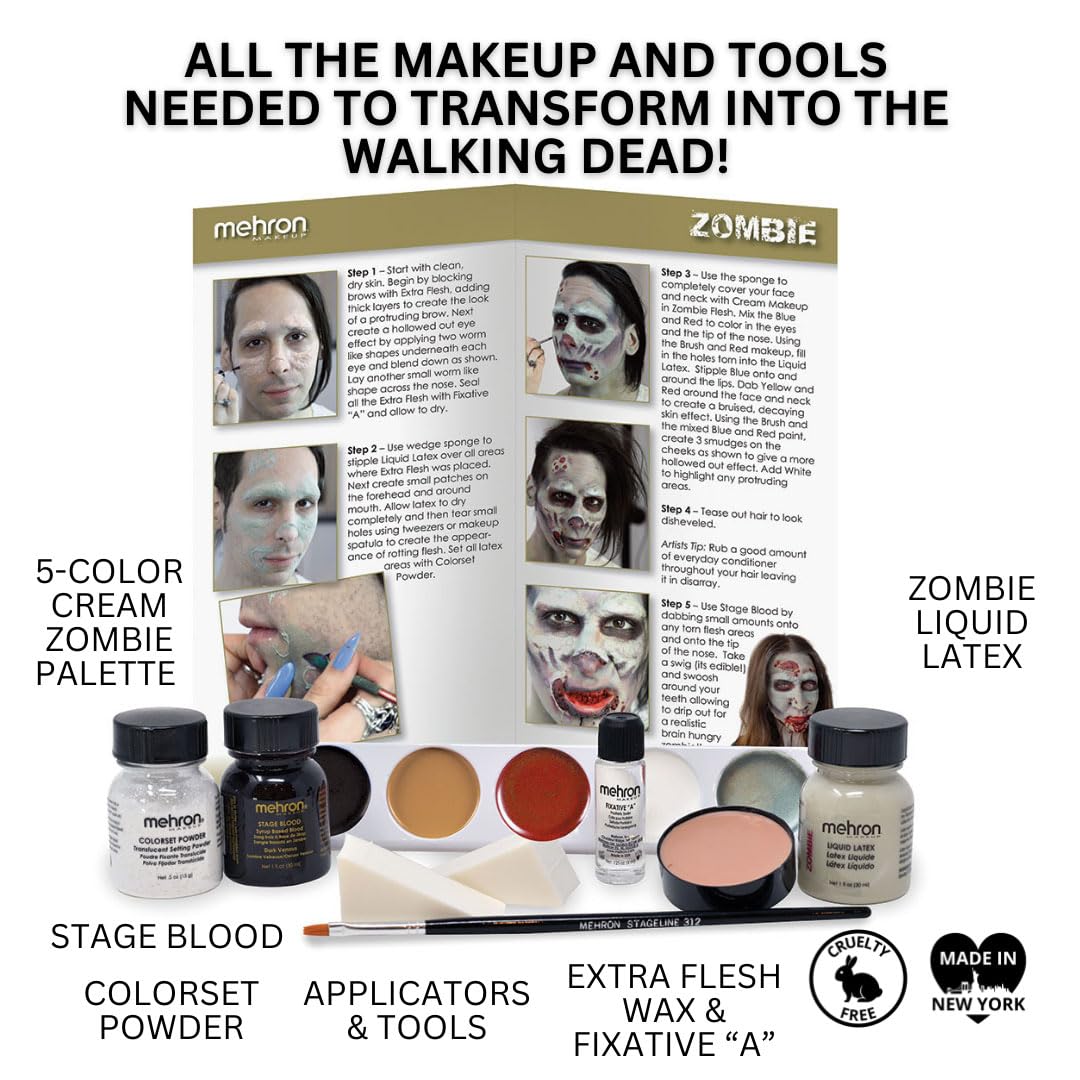 Mehron Makeup Premium Character Kits| Makeup Kits for Halloween & Cosplay| Made in the USA | Complete Makeup Kit | Includes all Makeup, Tools, & Instructions on How to Create the Look | (Zombie)