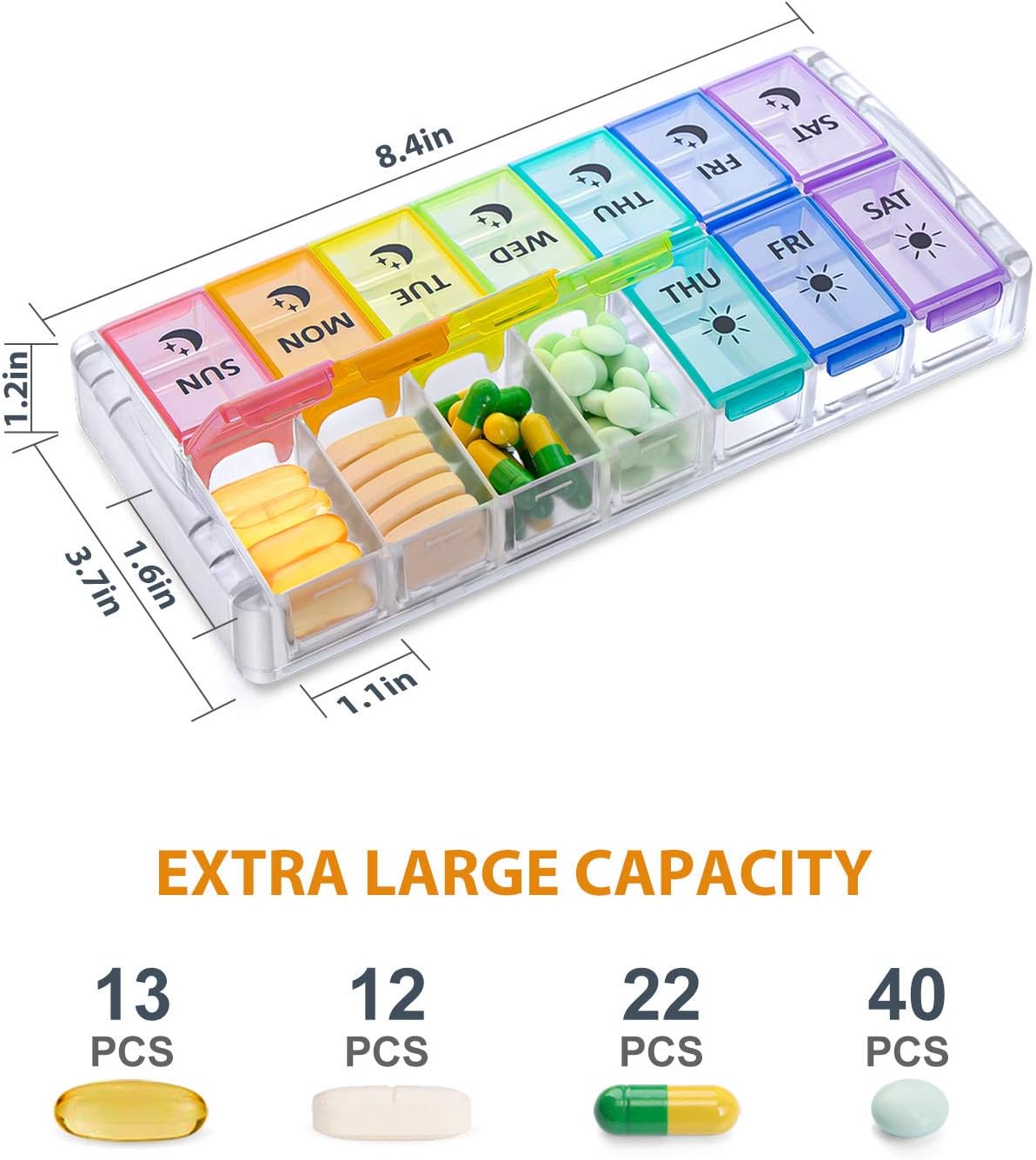 Pill Organizer 2 Times a Day, Fullicon Quick Fill Large Weekly AM PM Pill Box, Medicine Organizer 7 Day, Daily Pill Cases - Rainbow (Patent Registered)